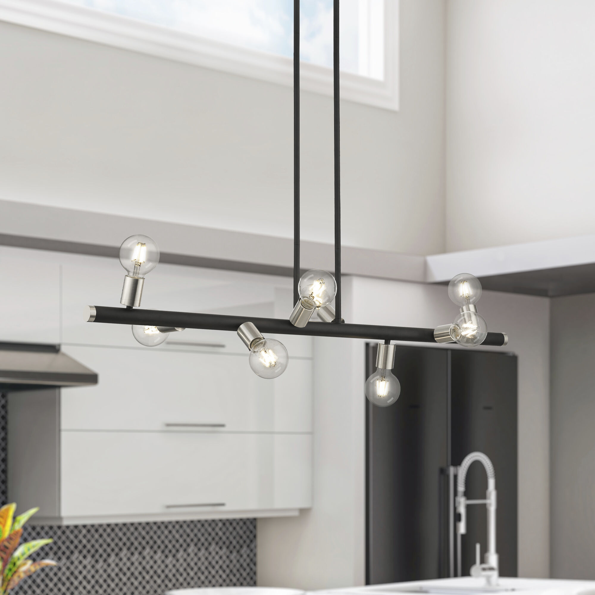 Bannister 8 Light 42 inch Black with Brushed Nickel Accents Linear Chandelier Ceiling Light, Large