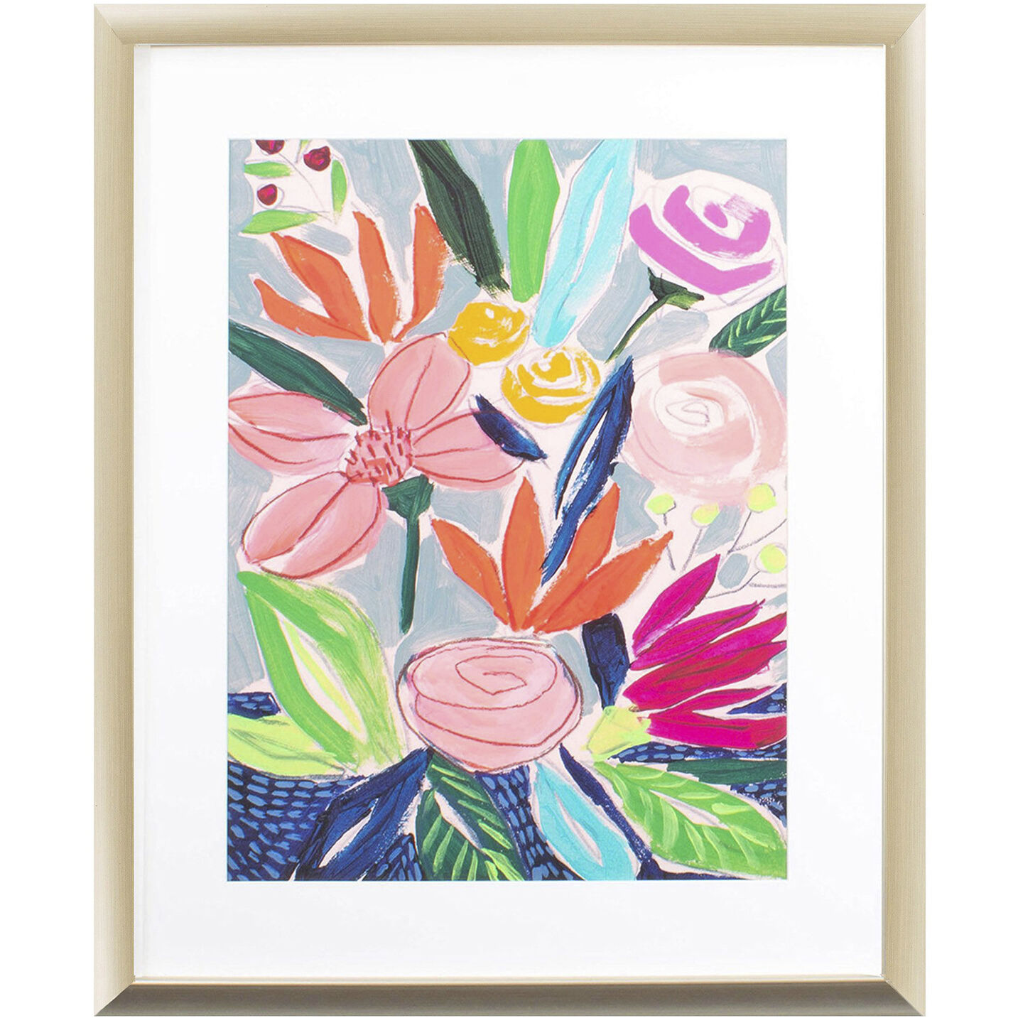 Naive Neon Bouquet Pink and Green and Blue and Orange Framed Art, Propac