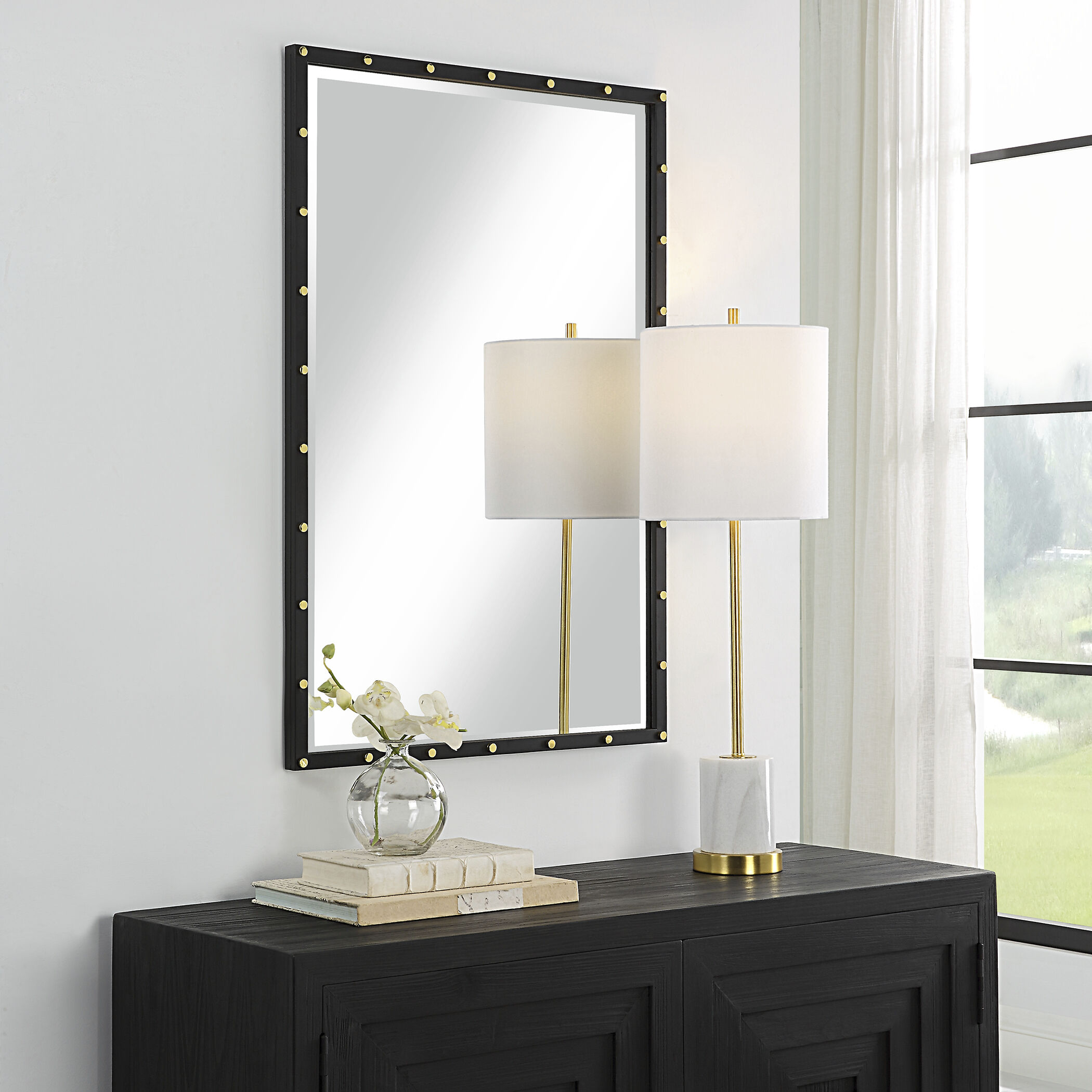 Benedo 35.88 X 24 inch Matte Black with Plated Brass Vanity Mirror
