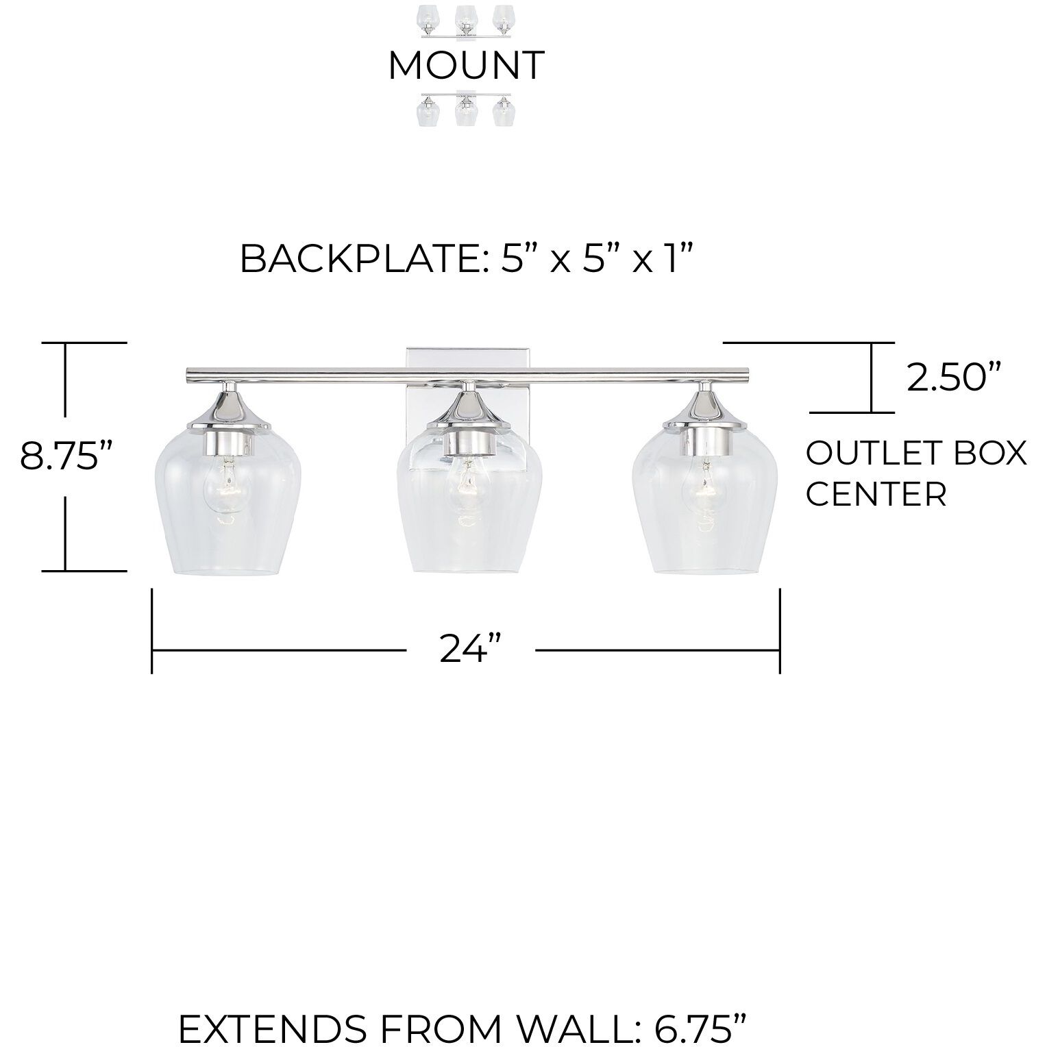 Elijah 3 Light 24 inch Chrome Vanity Light Wall Light
