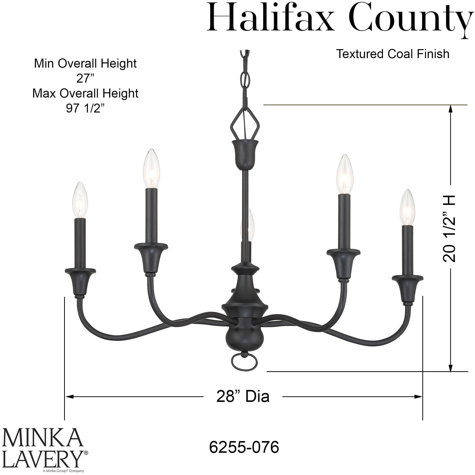 Halifax County 5 Light 28 inch Textured Coal Chandelier Ceiling Light