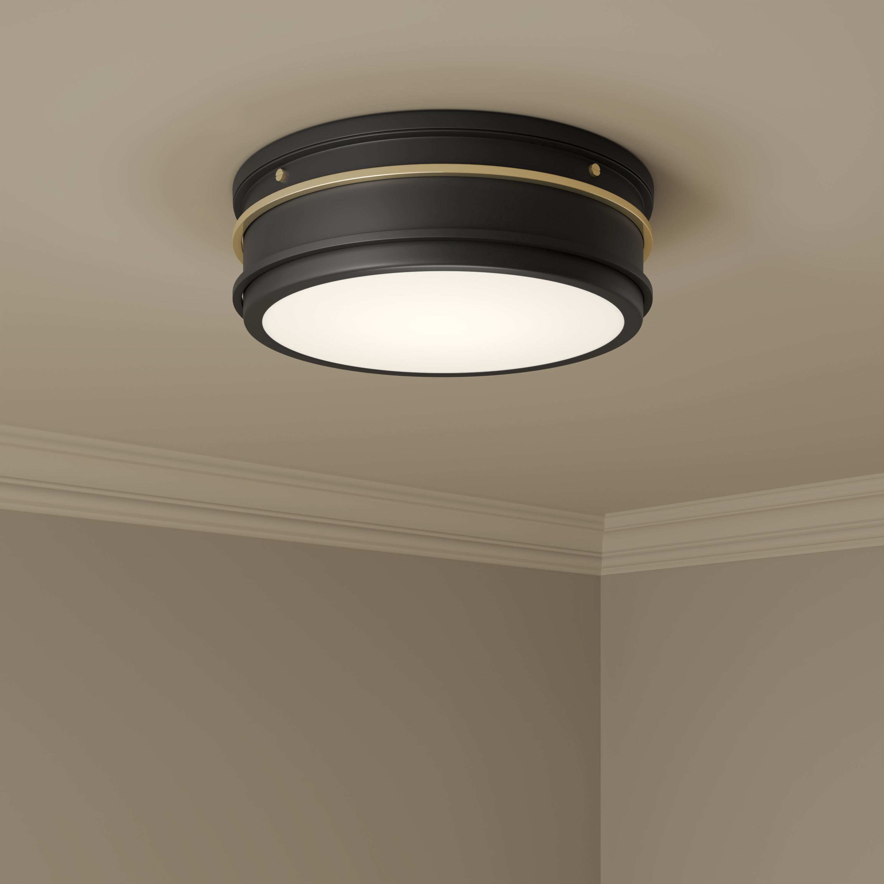 Stralara LED 16 inch Matte Black and Vintage Brass Flush Mount Ceiling Light