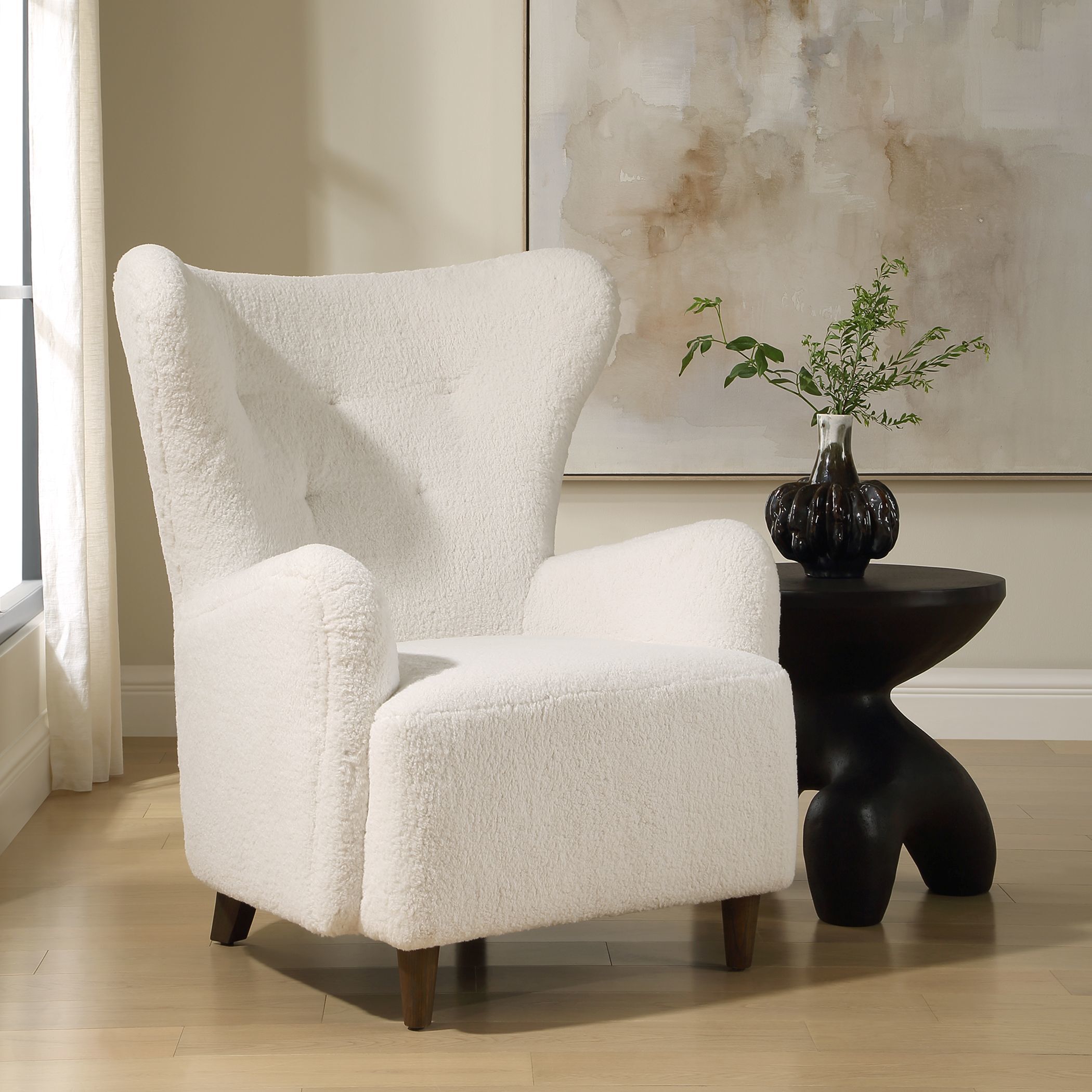 Ingel White Faux Sheepskin and Walnut Wingback Armchair