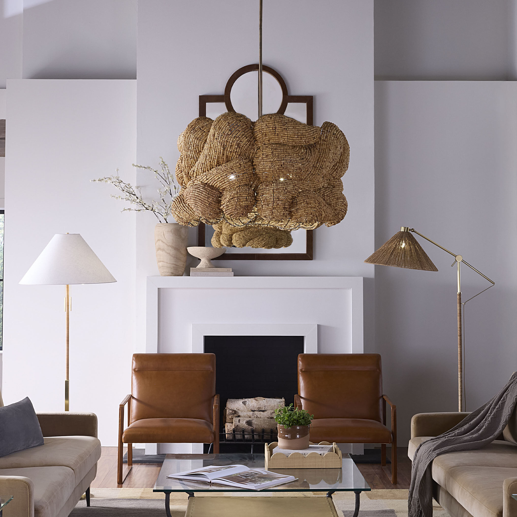 Anguilla LED 36 inch Natural Wood Beads Chandelier Ceiling Light, Large, Inline