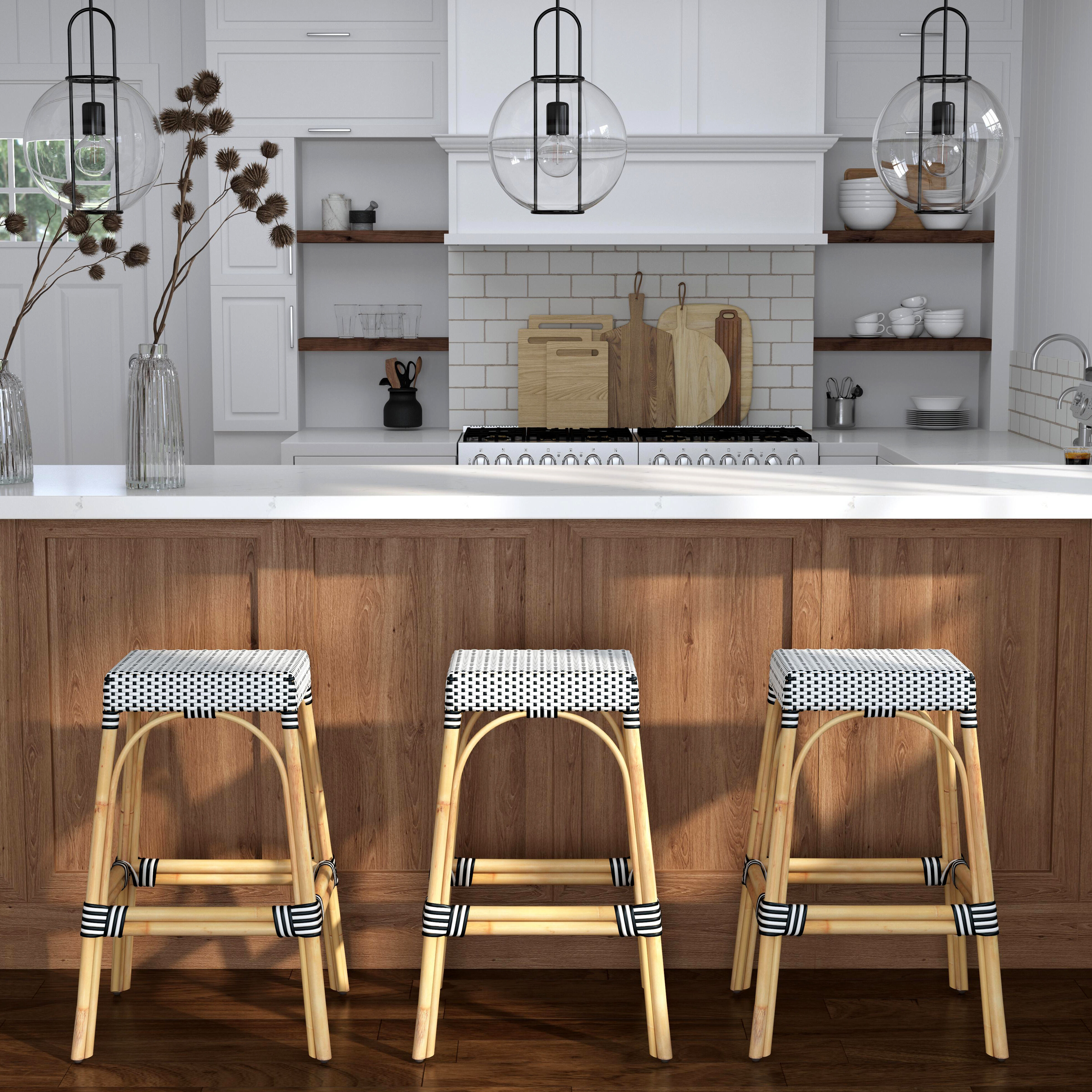 Robias Rectangular Rattan 30" Bar Stool in White and Black Dot