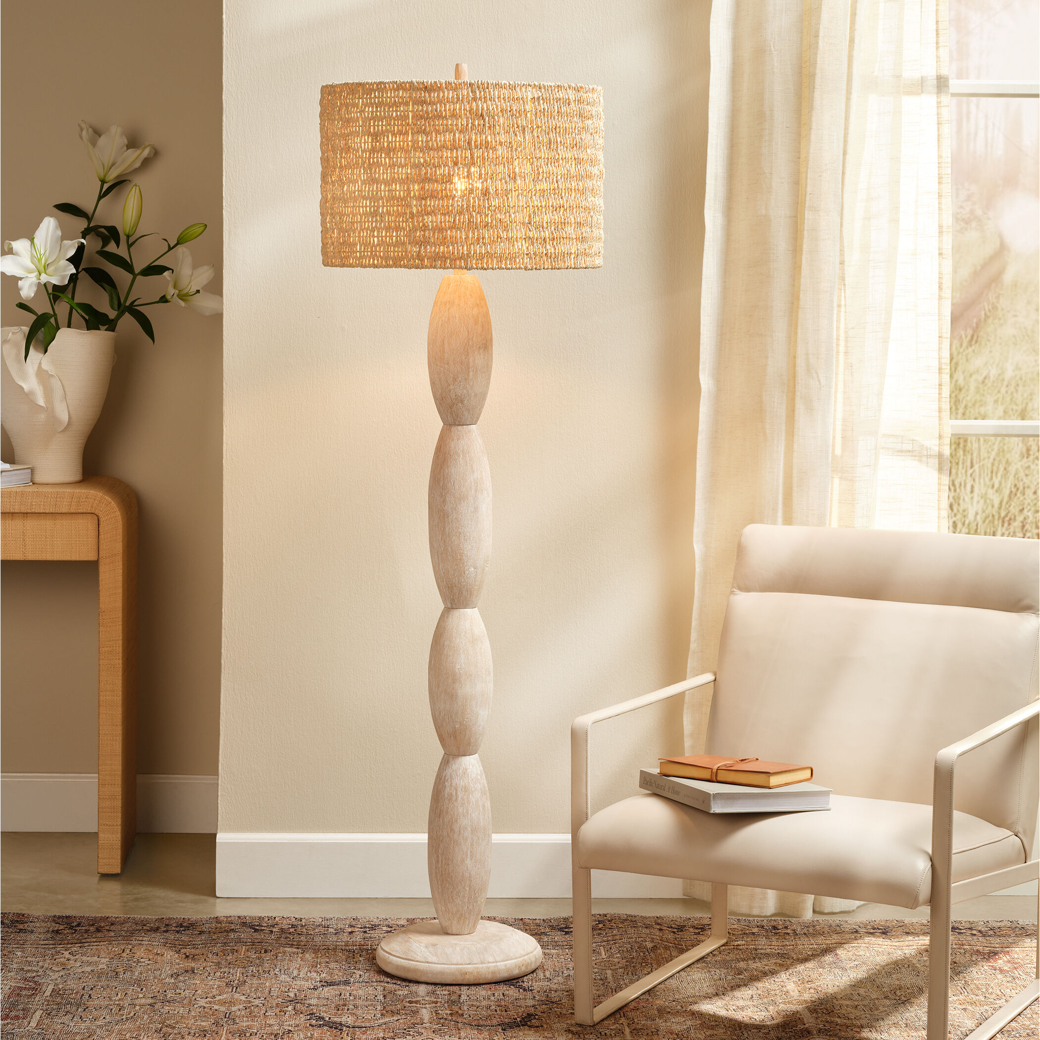 Almond 64 inch 100 watt Brushed White Wash Floor Lamp Portable Light, Inline