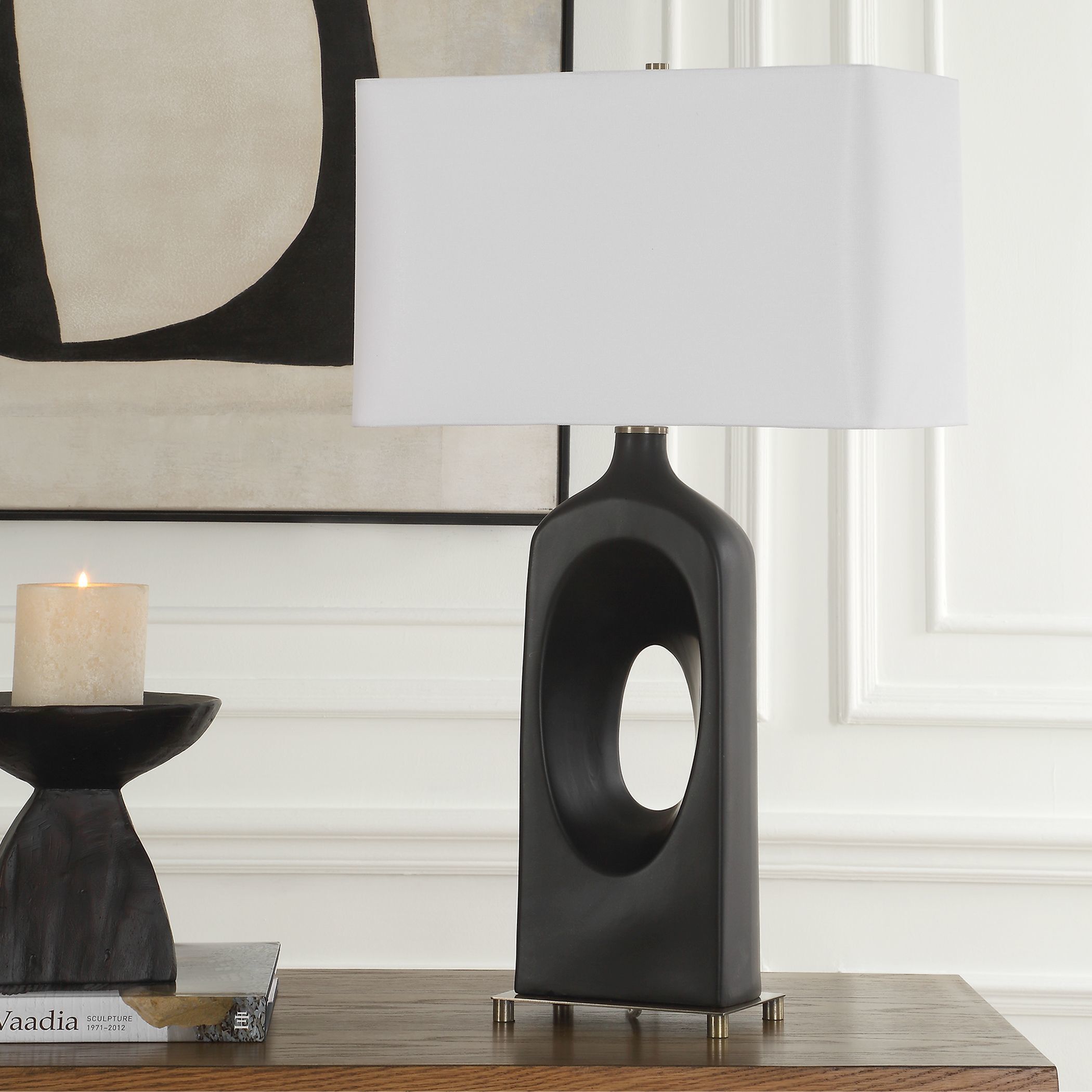 Void 30 inch 150 watt Matte Black Glaze and Brass Table Lamp Portable Light