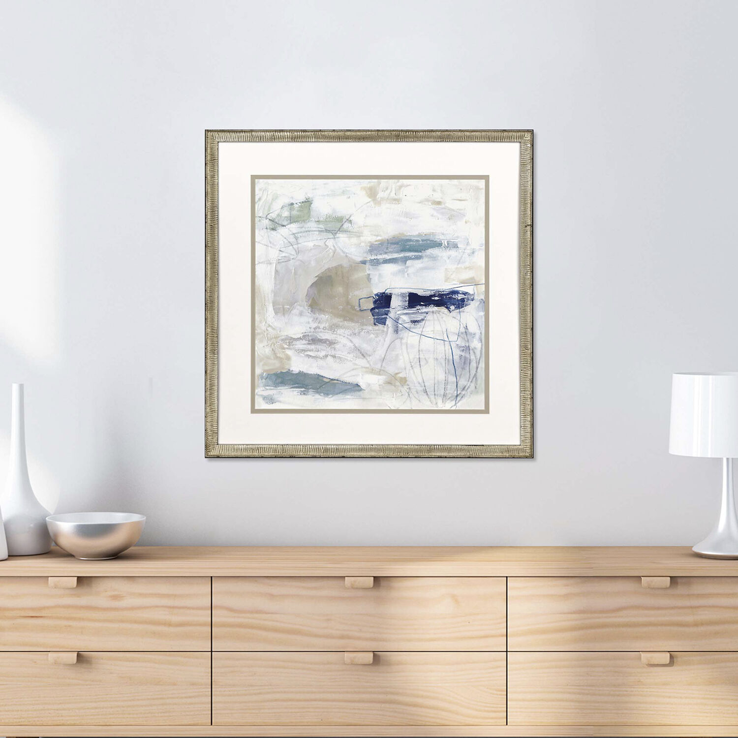 Pebble Coast White and Blue and Green and Beige Framed Art