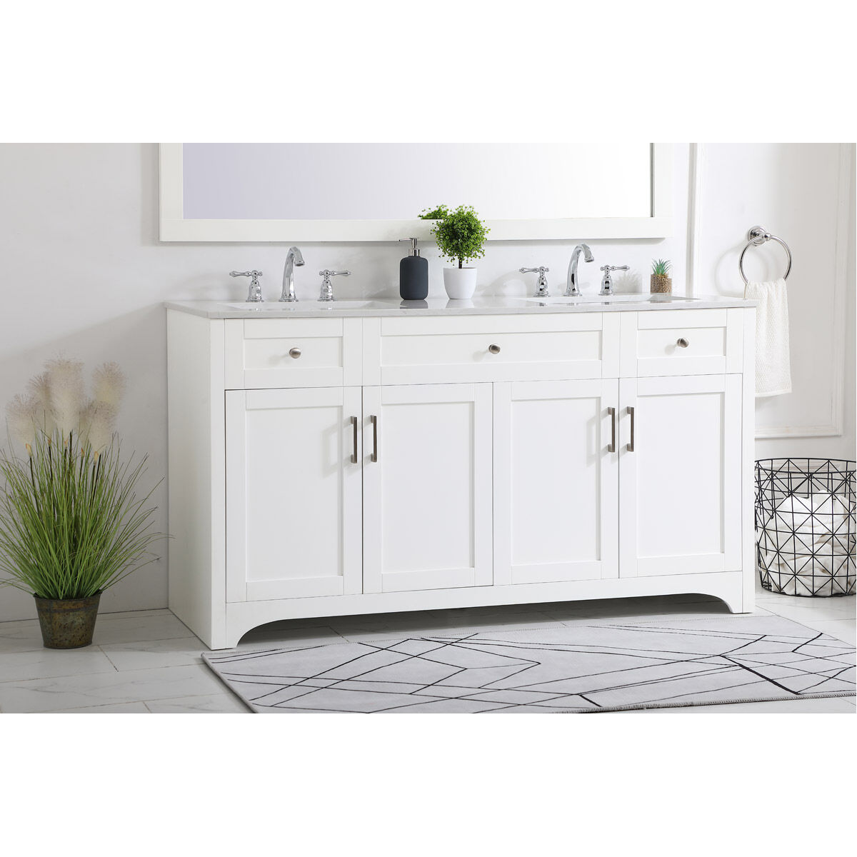 Moore 60 X 22 X 34 inch White and Brushed Nickel with Calacatta Quartz Vanity Sink Set