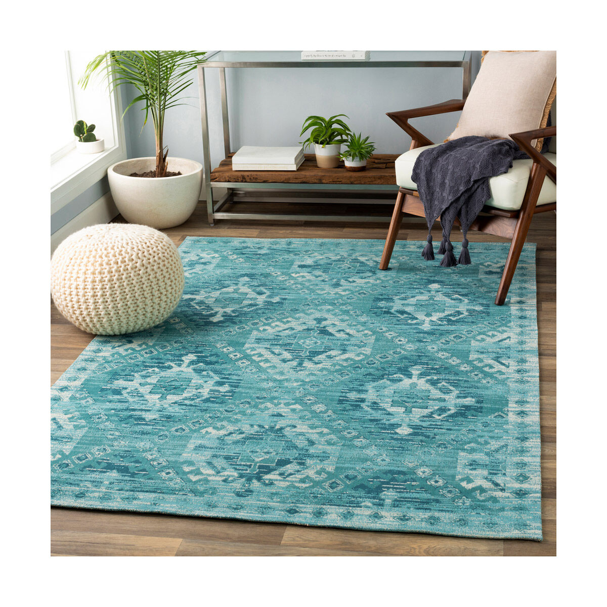 Javan 36 X 24 inch Aqua/Teal/Ivory Rugs, Cotton