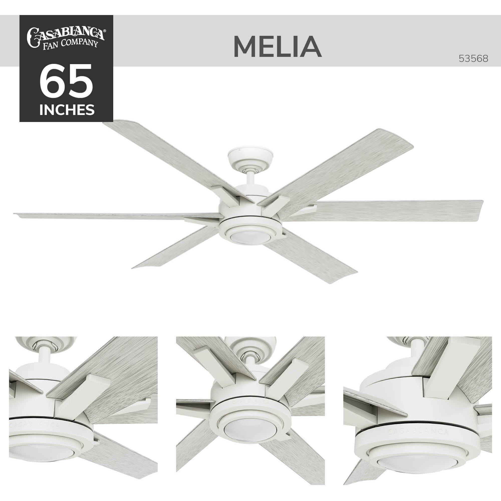 Melia 65 inch Fresh White with White Washed Oak Blades Outdoor Ceiling Fan