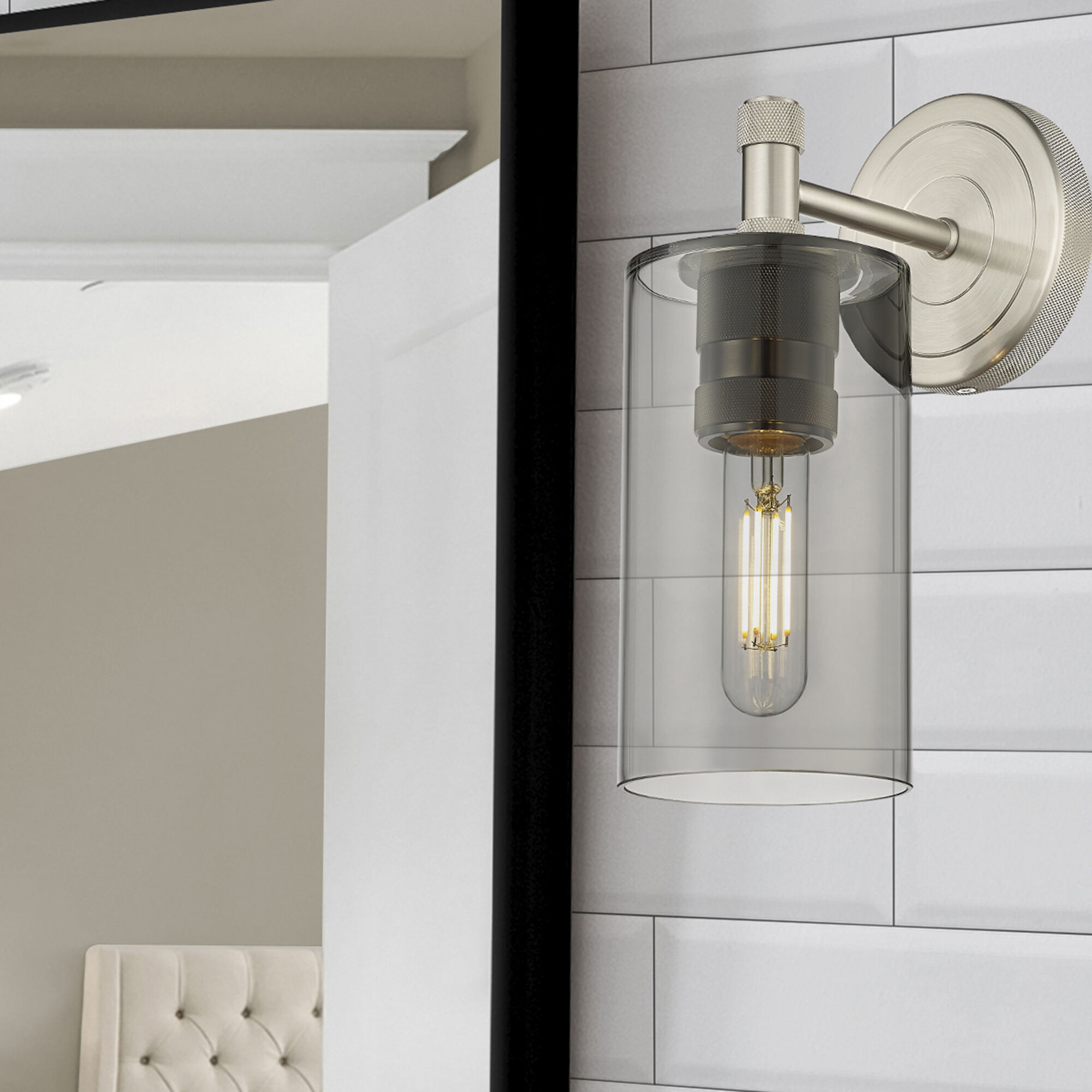 Crown Point Sconce Wall Light in Satin Nickel, Light Smoke Glass