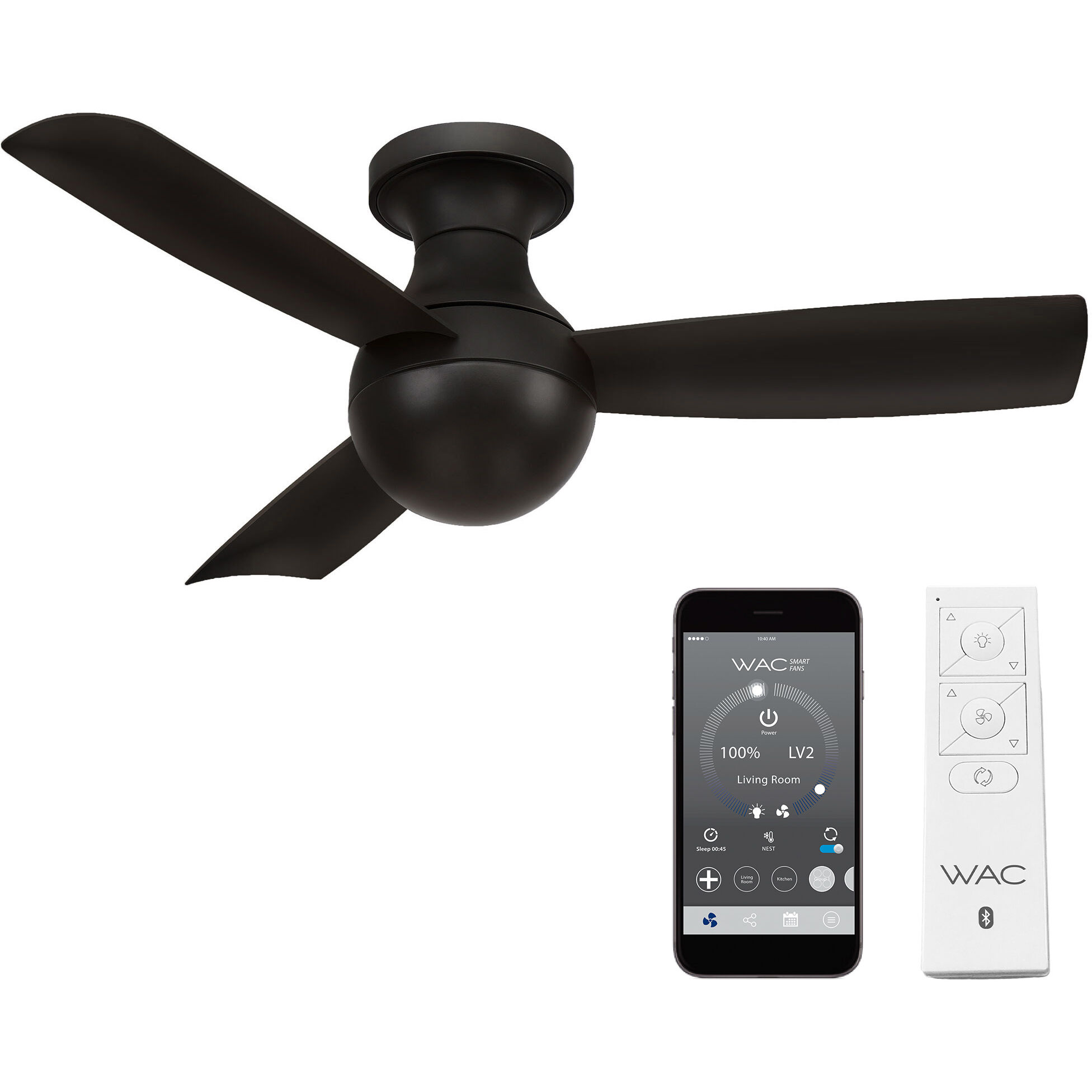 Orb 44 inch Matte Black Flush Mount Ceiling Fans, Smart Fan