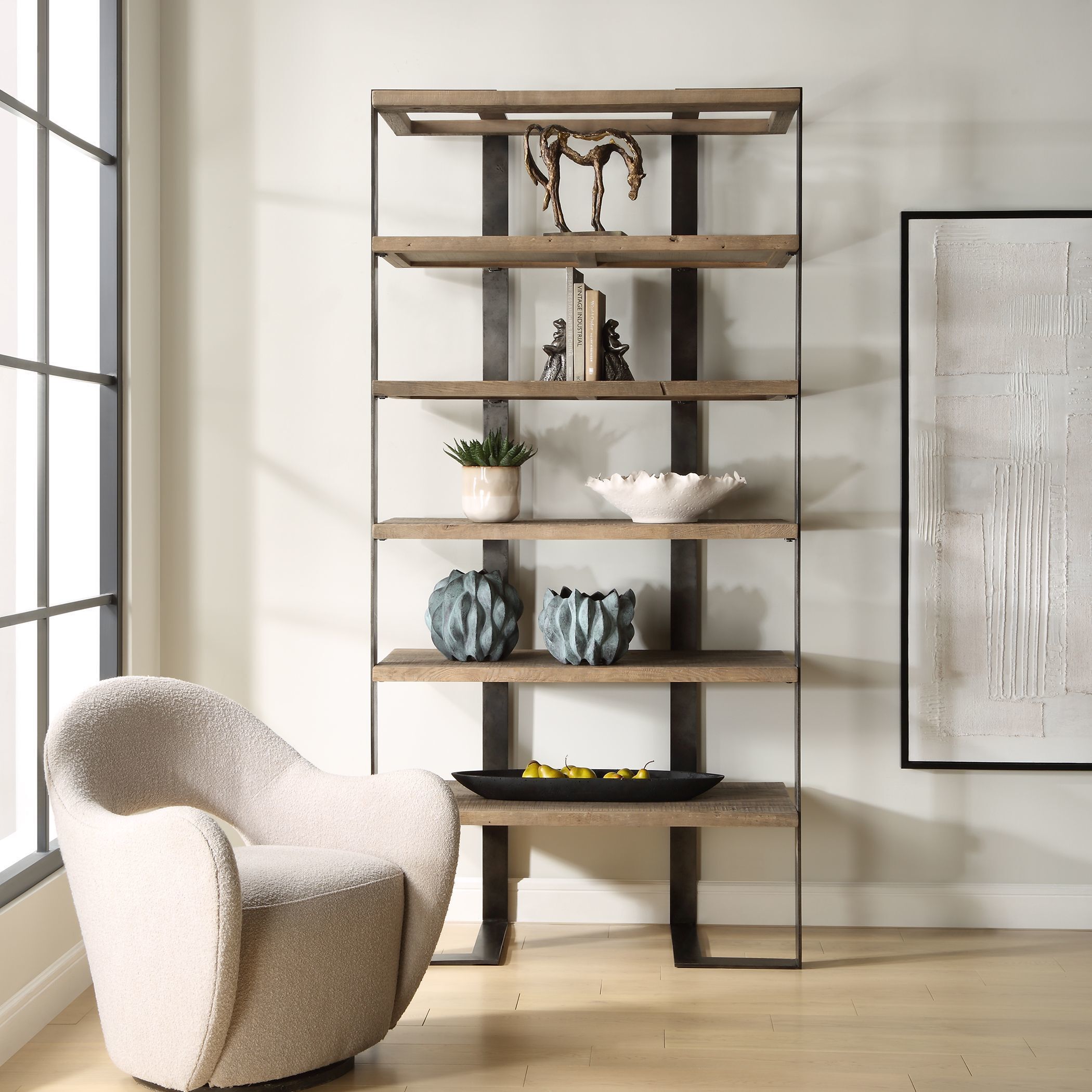 Felix 90 X 44 inch Natural Oak and Oxidized Black Etagere