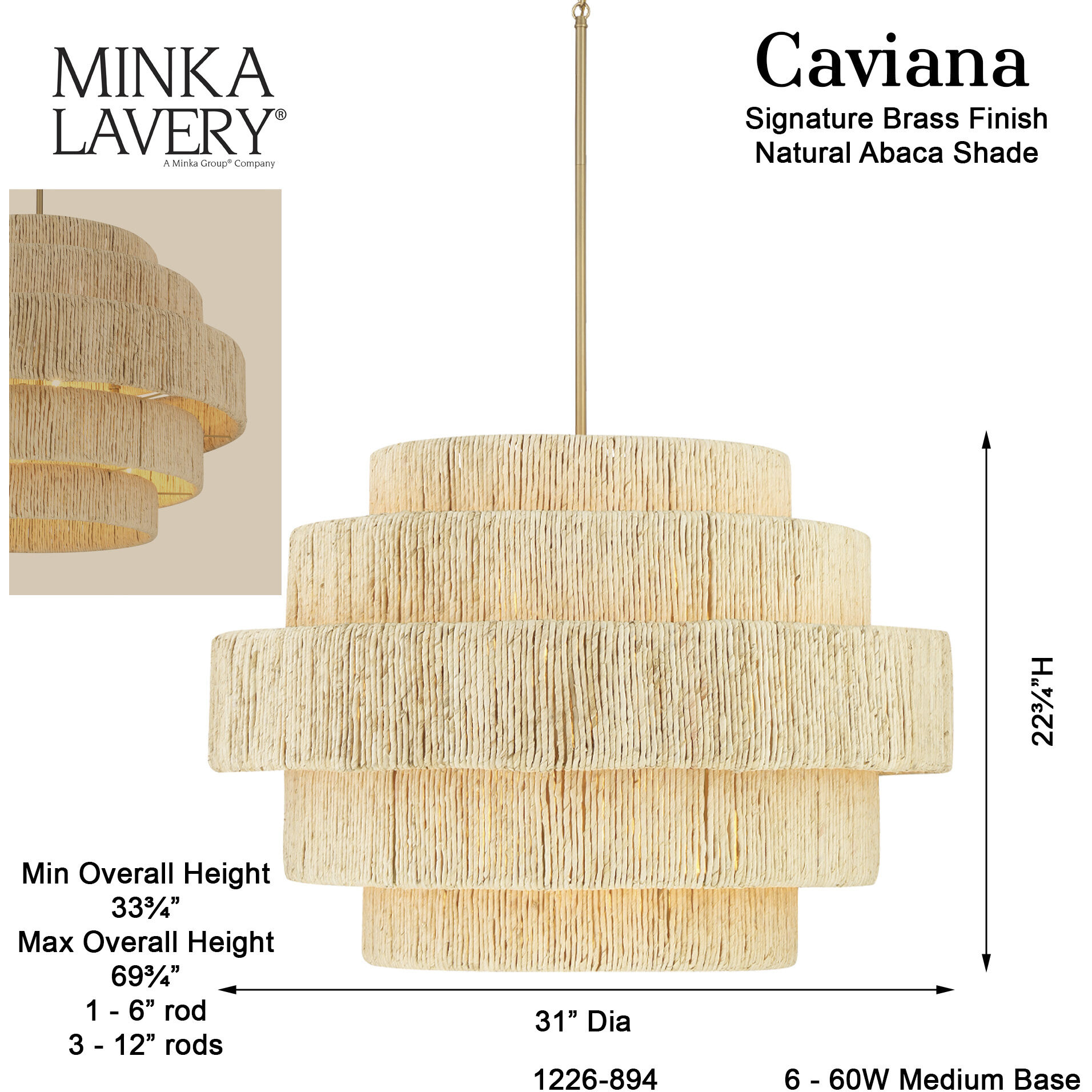 Caviana 6 Light 31 inch Signature Brass Pendant Ceiling Light