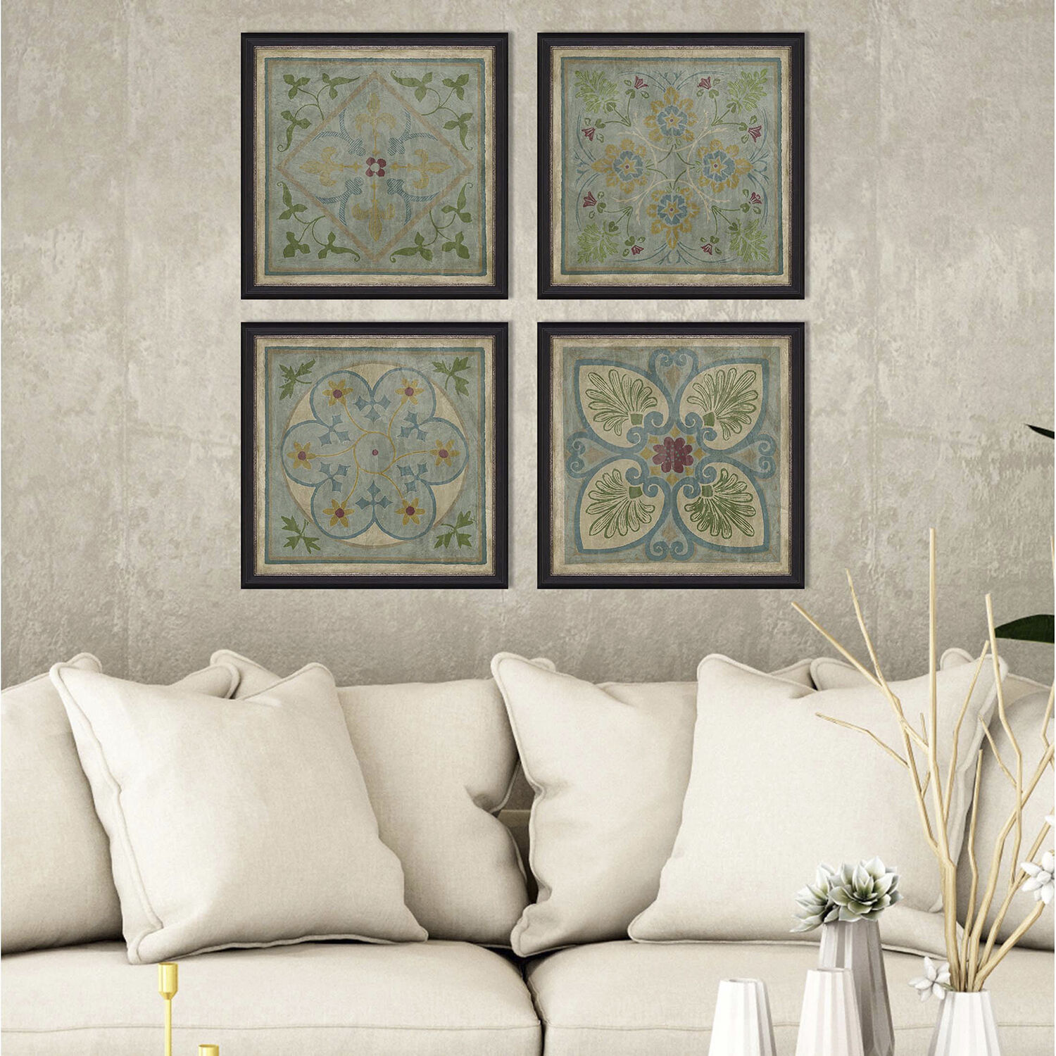 Geometrics Blue and Multi and Green and Beige Framed Art