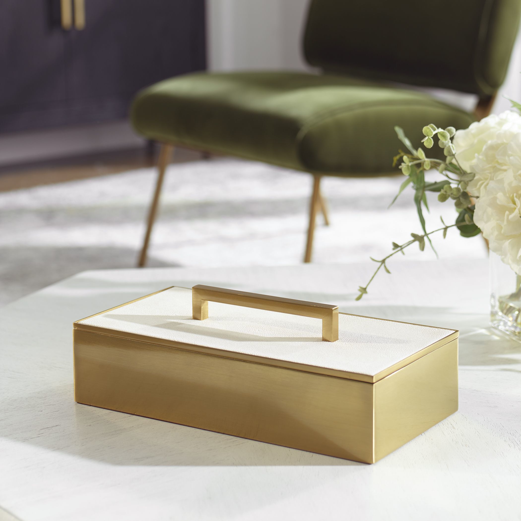 Wessex 14 inch Classic Brass and White Faux Shagreen Box