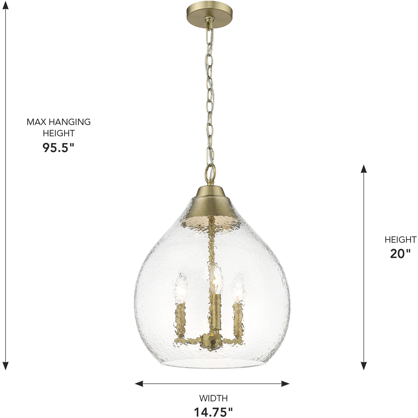 Ariella Pendant Ceiling Light in Brushed Champagne Brass, Clear Hammered