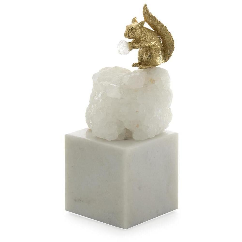 Brass Squirrel and Quartz 8.5 X 3 inch Sculpture, on Marble, Small