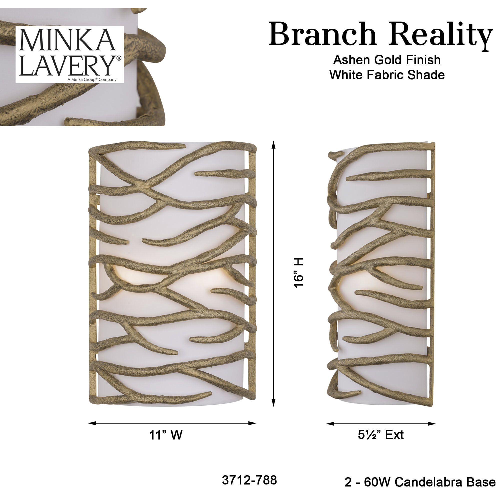 Branch Reality 2 Light 11 inch Textured Ashen Gold Wall Sconce Wall Light