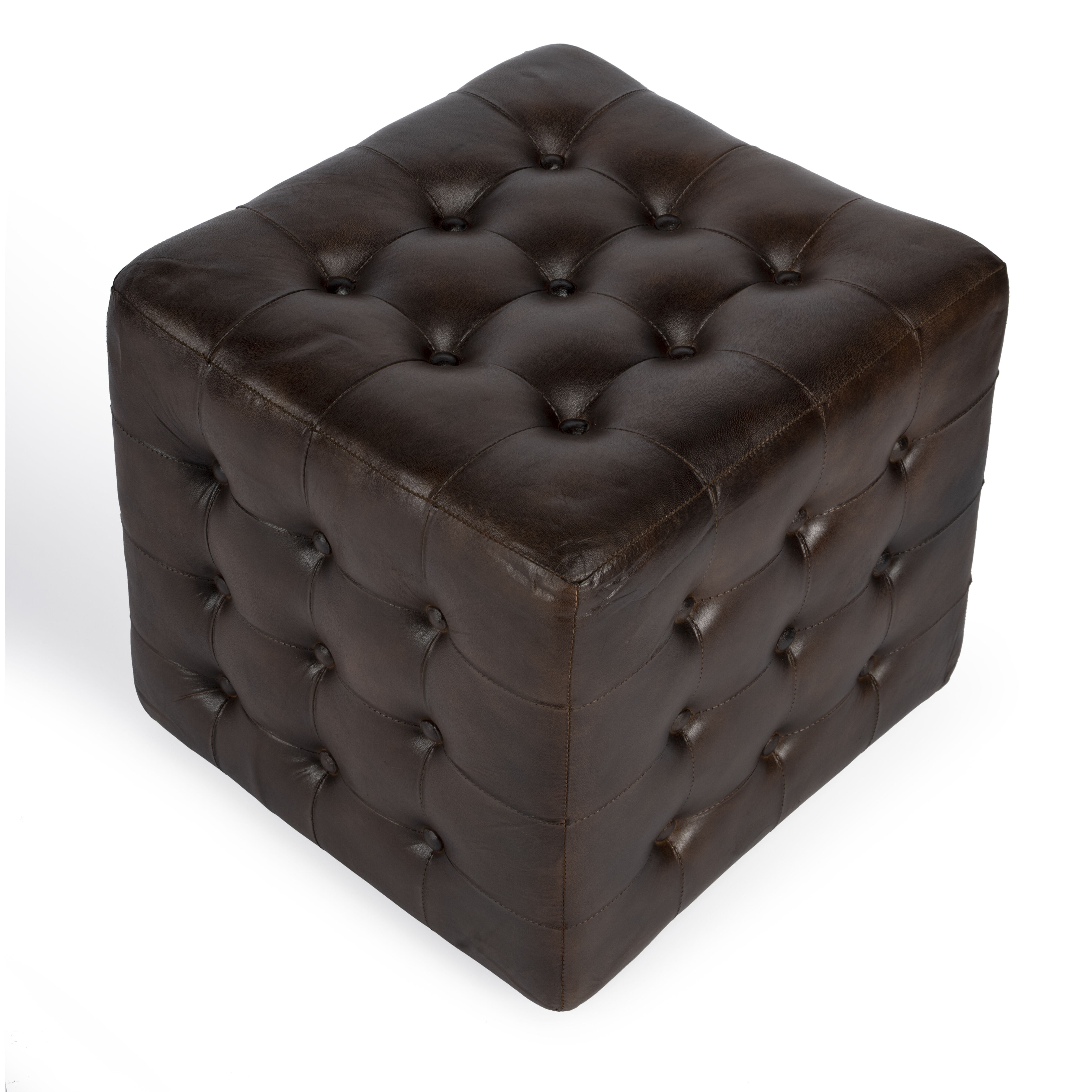 Leon Button Tufted Leather Ottoman in Dark Brown