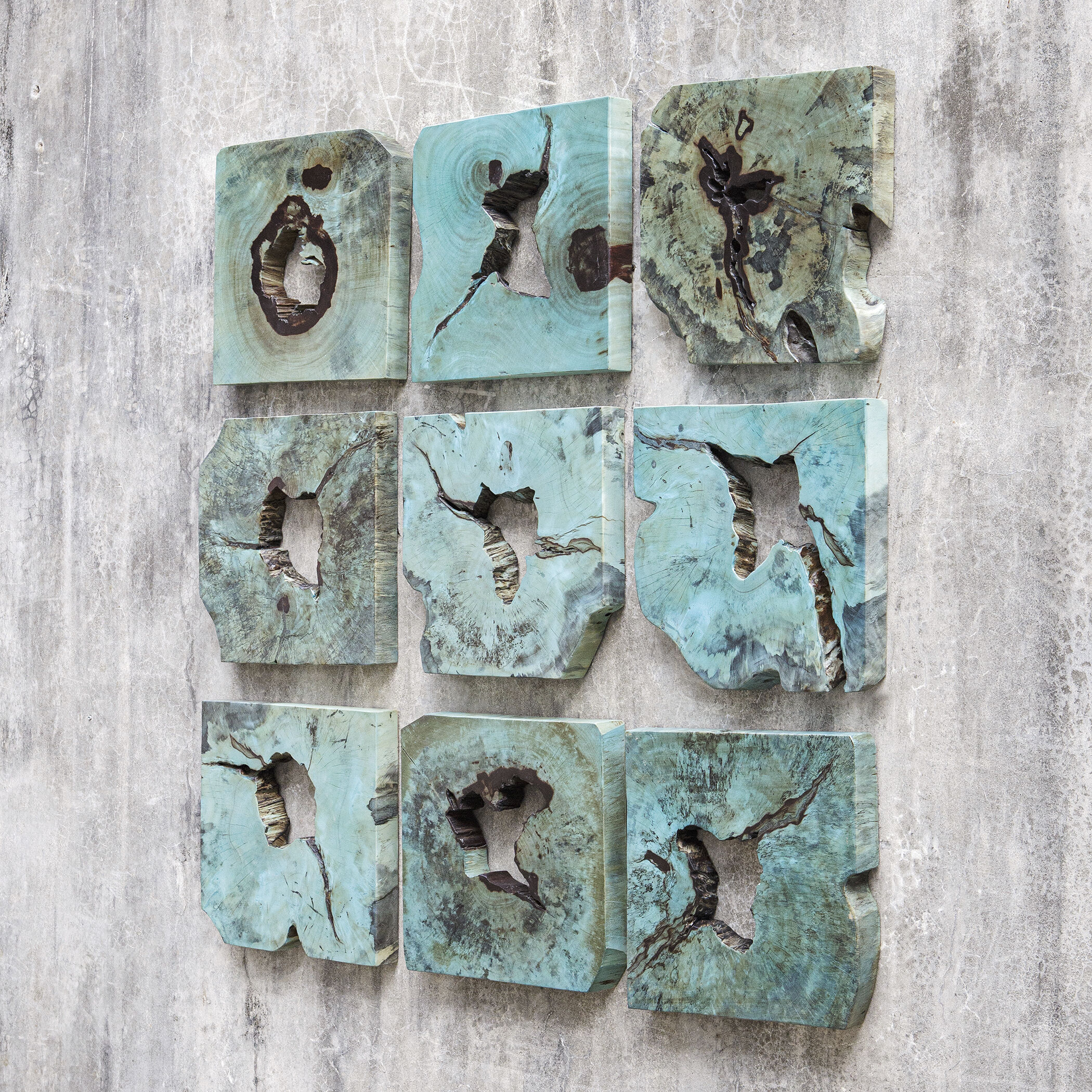 Bahati Blue Green Wood Wall Decor, Set of 9