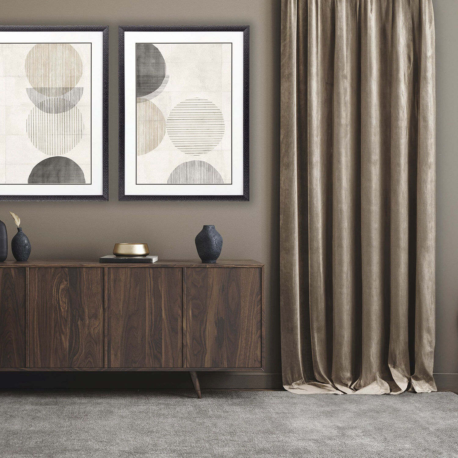 Stitched Spheres Gray and Black and Beige and Neutral Framed Art