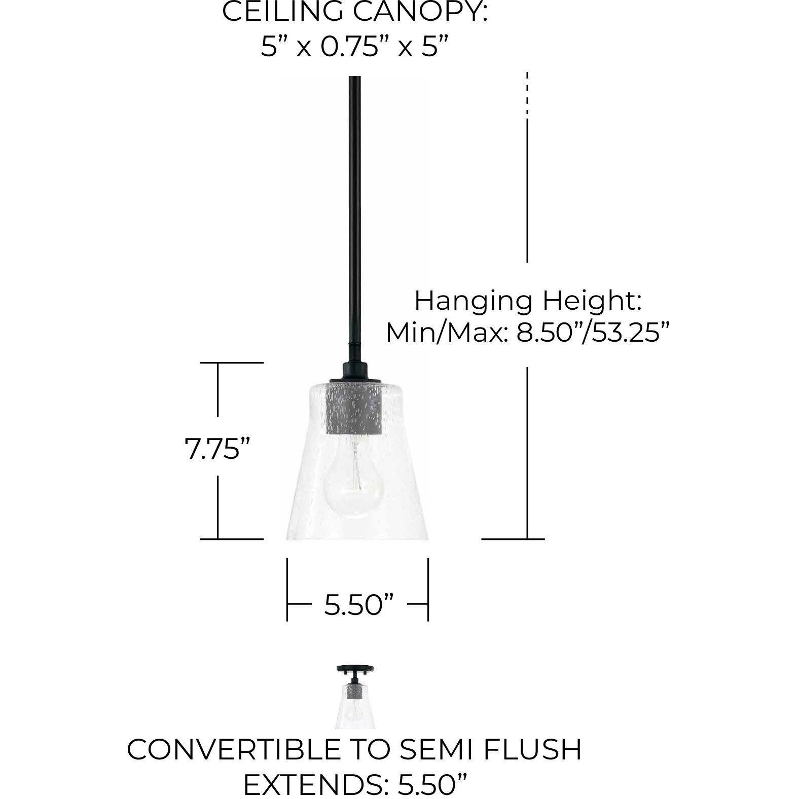 Baker 1 Light 5.5 inch Matte Black Pendant Ceiling Light, Convertible Dual Mount