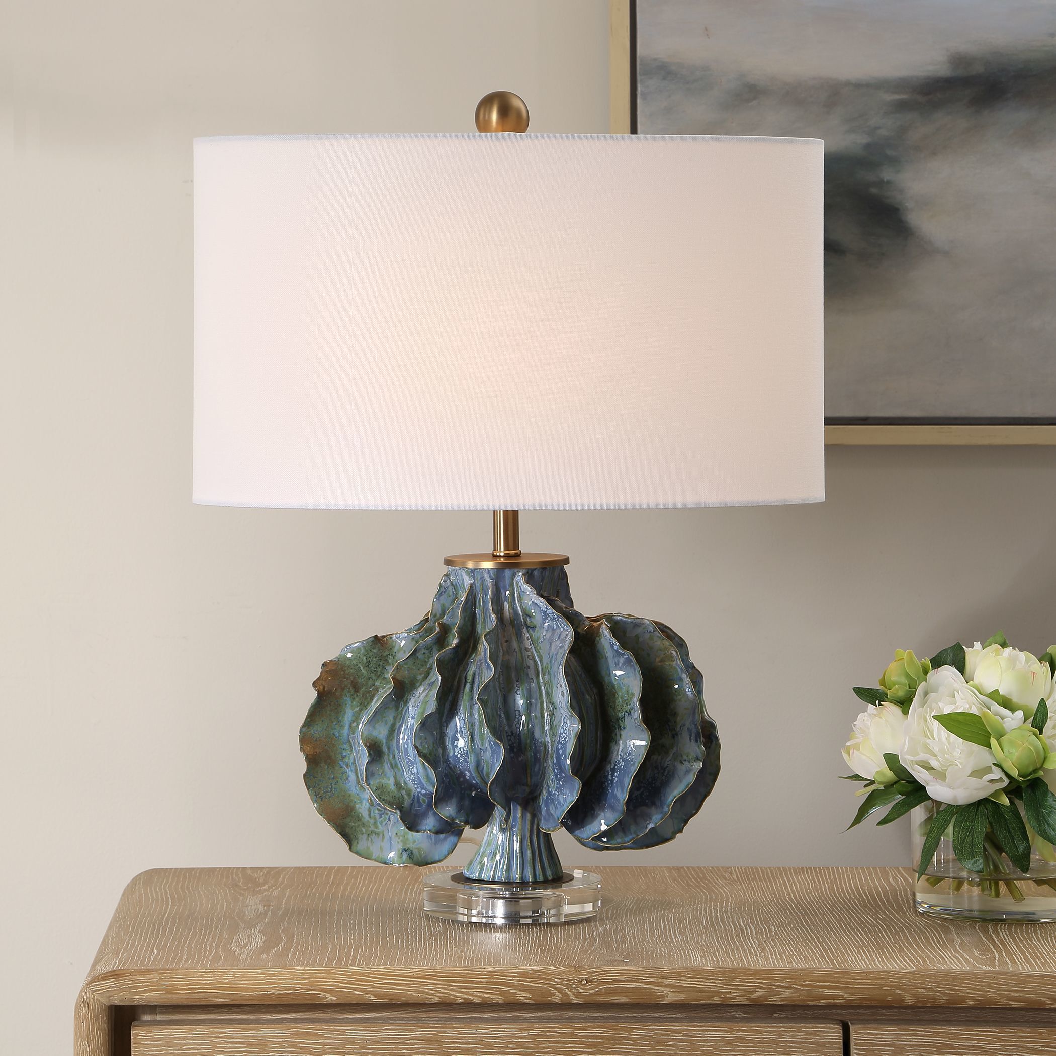 Ruffle Up 23 inch 150 watt Blue and Green and Brown Glaze with Antique Brass Table Lamp Portable Light