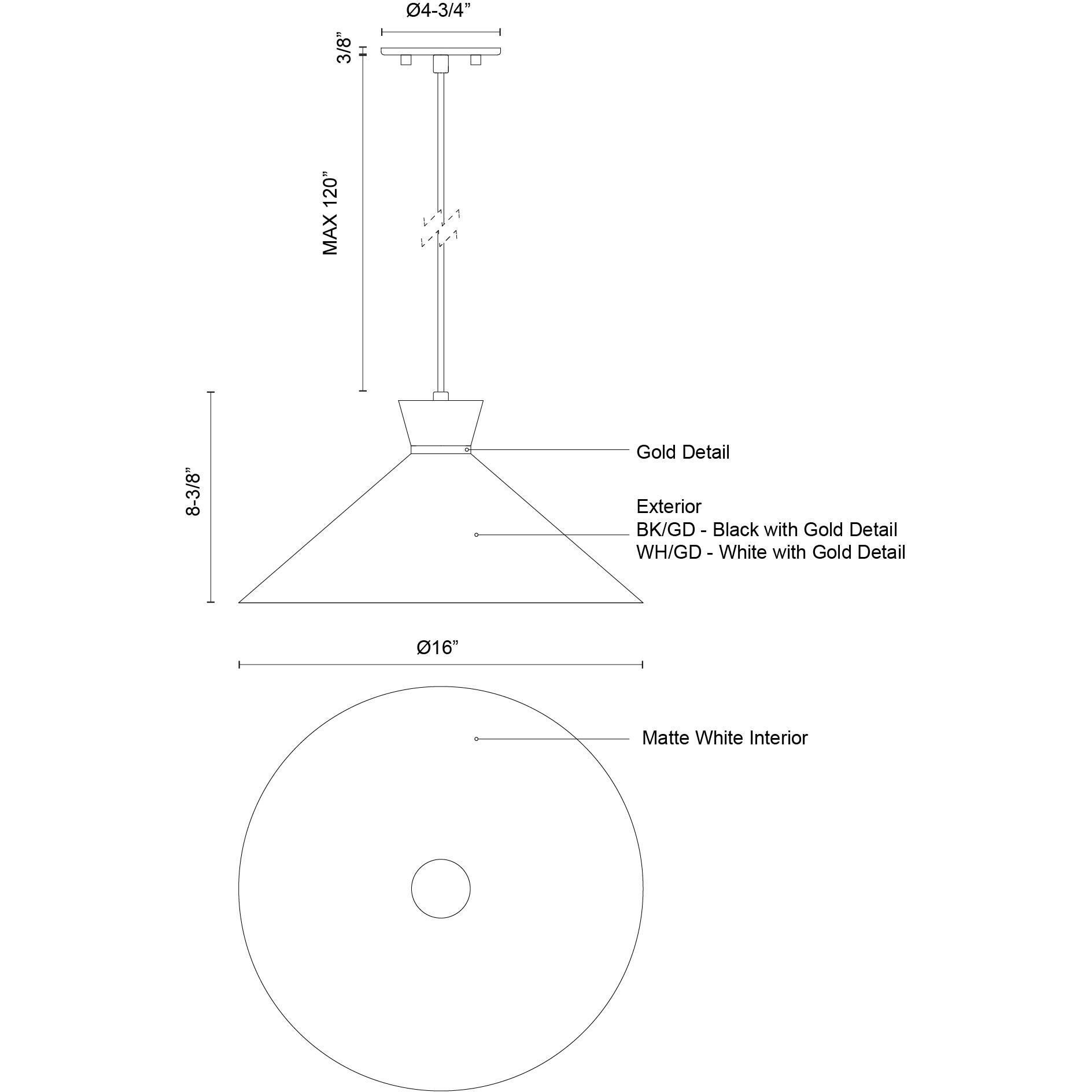 Vanderbilt Pendant Ceiling Light in White with Gold Detail