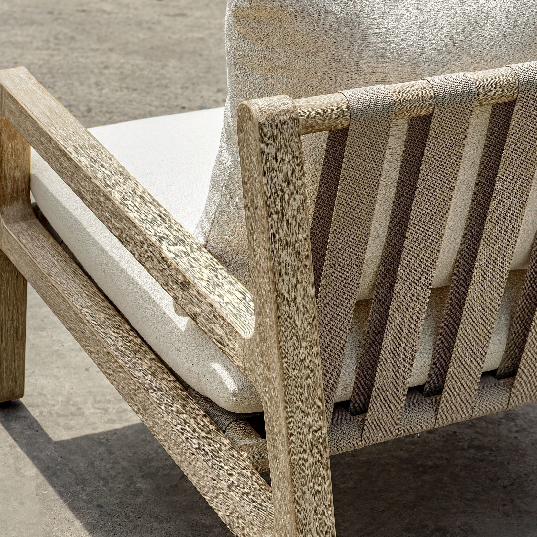 Strapped Ivory Rattan and Cerused Wheat Mahogany Wood Outdoor Lounge Chair