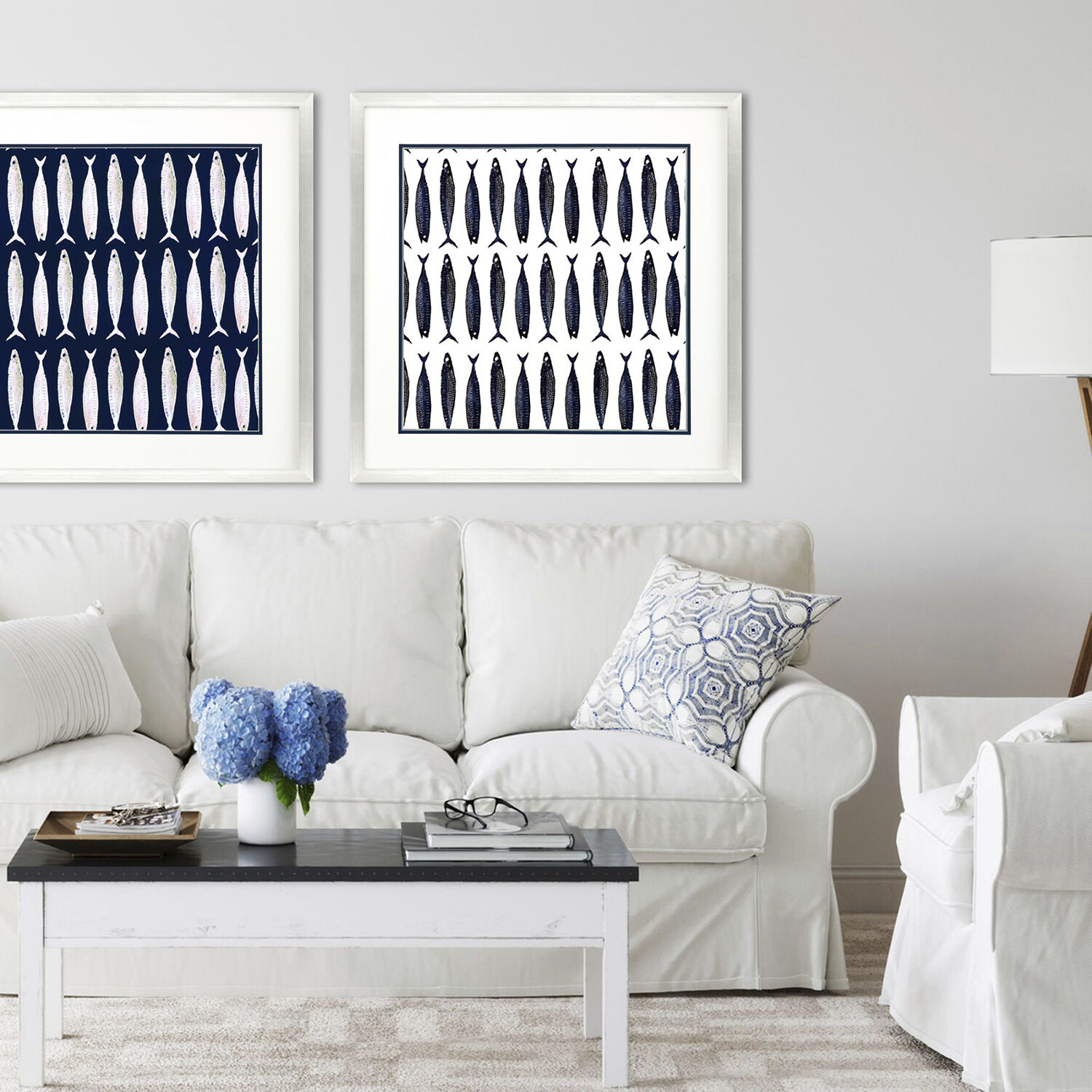Fish Pattern Blue and Beige and White Framed Art