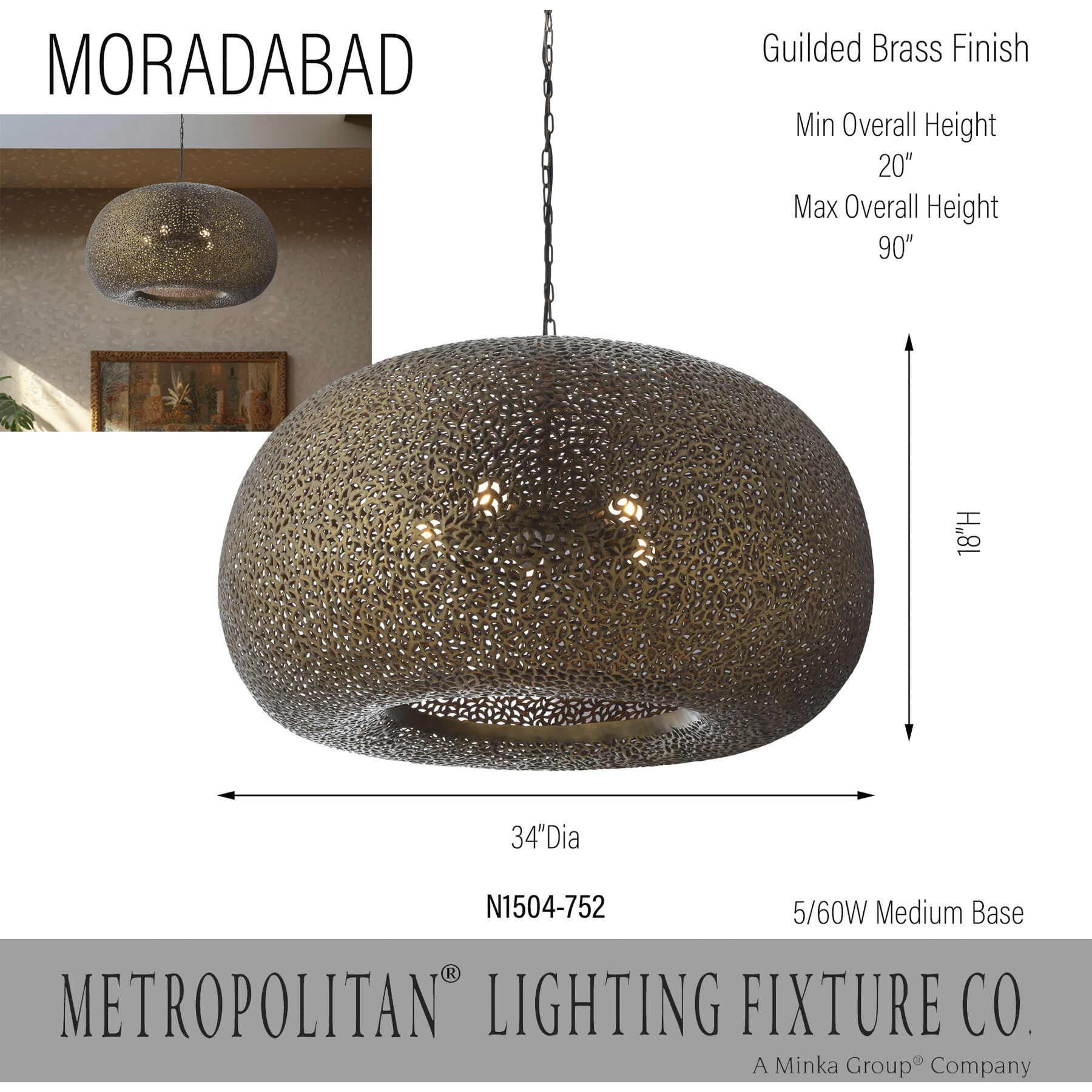 Moradabad 4 Light 34 inch Dark Antique Brass Pendant Ceiling Light