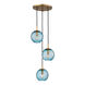 Rousseau 3 Light 13.5 inch Aged Brass Pendant Ceiling Light in Blue Glass