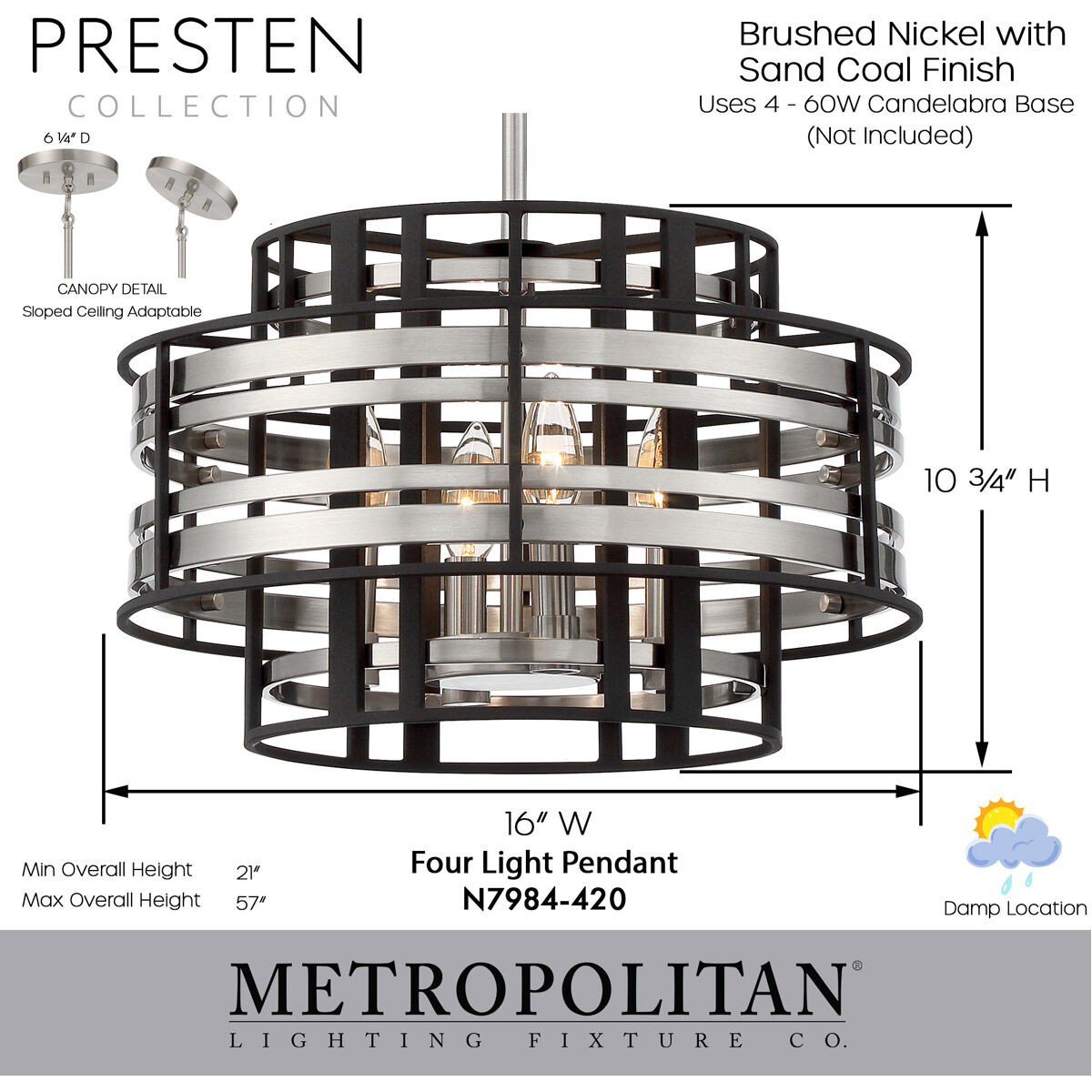 Presten 4 Light 16 inch Brushed Nickel with Sand Coal Foyer Ceiling Light