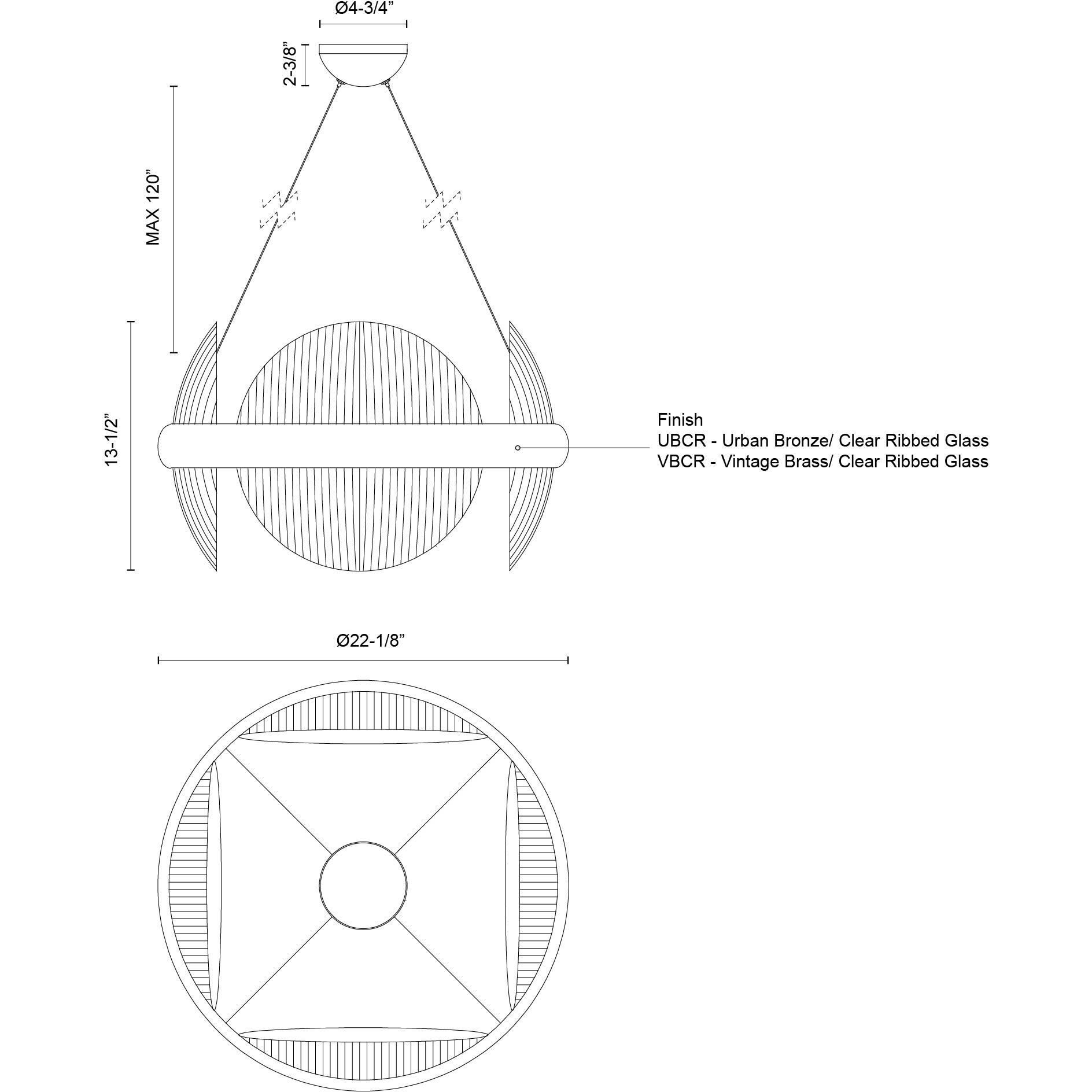 Taurus LED 22.13 inch Vintage Brass/Clear Ribbed Glass Chandelier Ceiling Light