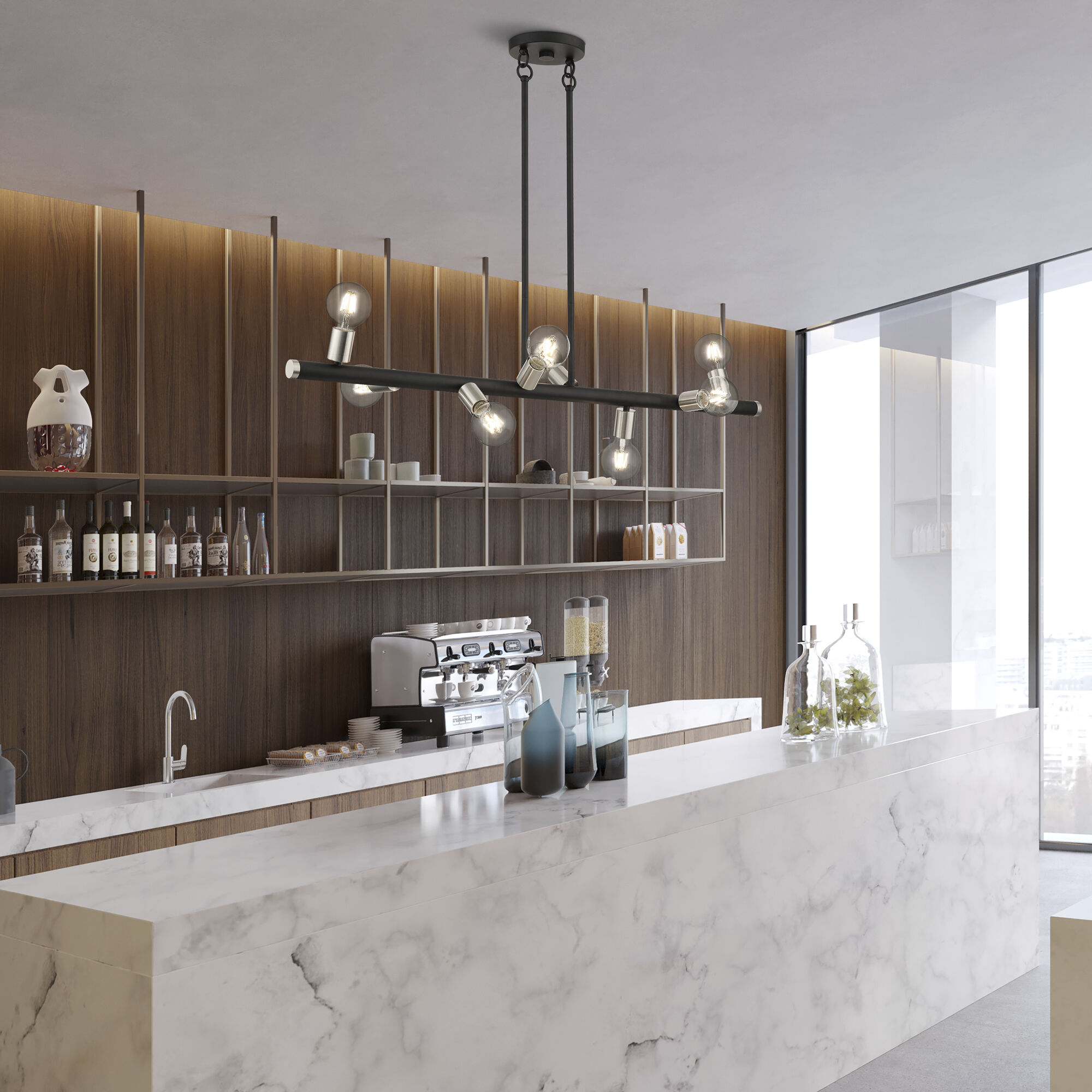 Bannister 8 Light 42 inch Black with Brushed Nickel Accents Linear Chandelier Ceiling Light, Large