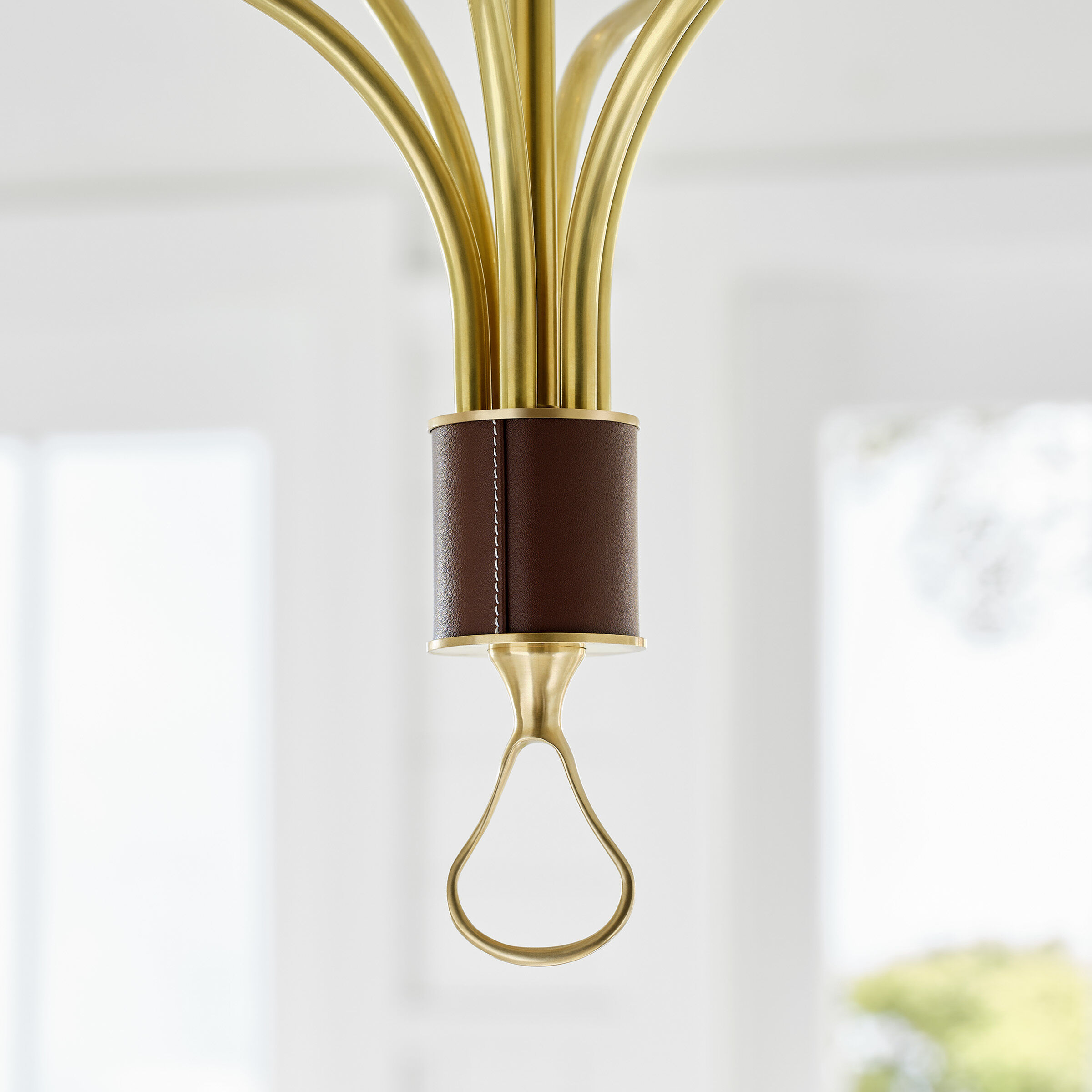 Amber Lewis Griffin LED 36.5 inch Hand-Rubbed Antique Brass and Saddle Leather Staggered Tail Chandelier Ceiling Light, Large