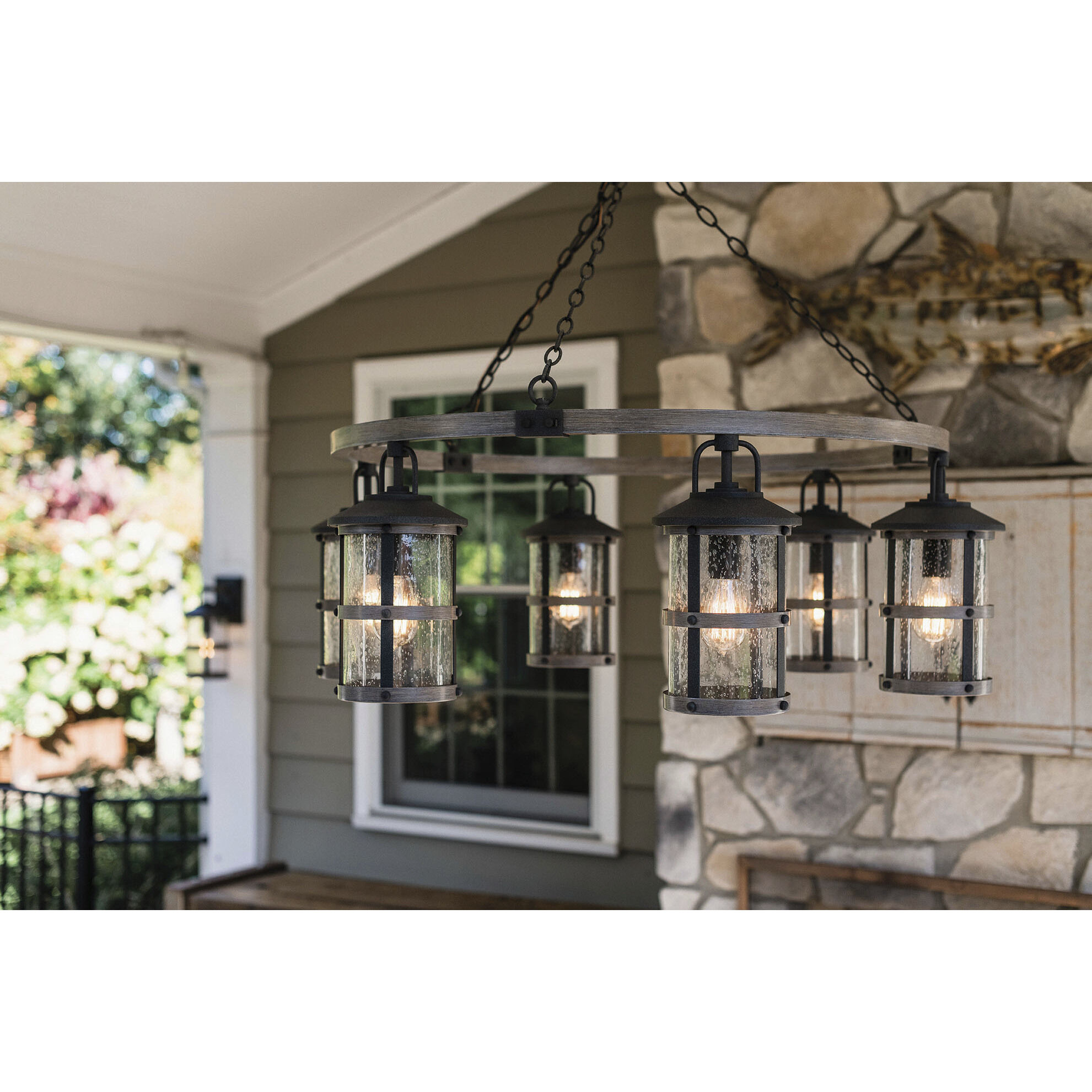 Open Air Lakehouse 6 Light 42 inch Aged Zinc with Driftwood Gray Outdoor Hanging in Non-LED, Estate Series