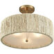 Abaca 3 Light 17 inch Satin Brass with Natural Semi Flush Mount Ceiling Light