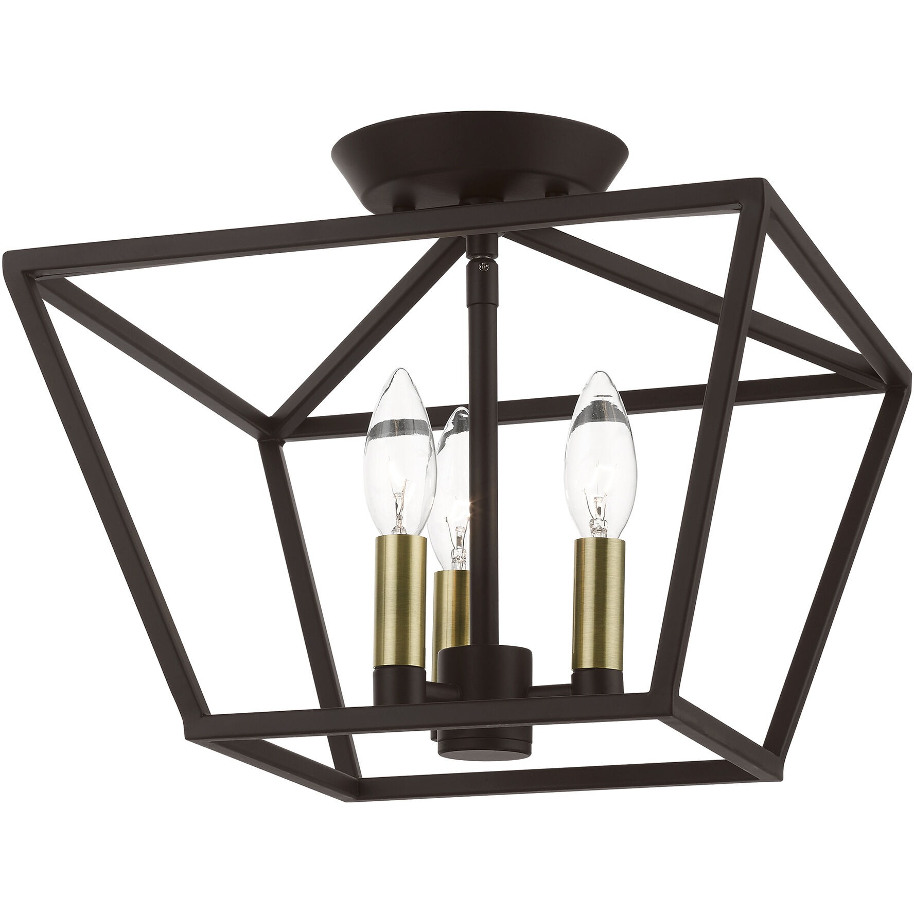 Devone 3 Light 13 inch Bronze with Antique Brass Accents Semi-Flush Ceiling Light, Square