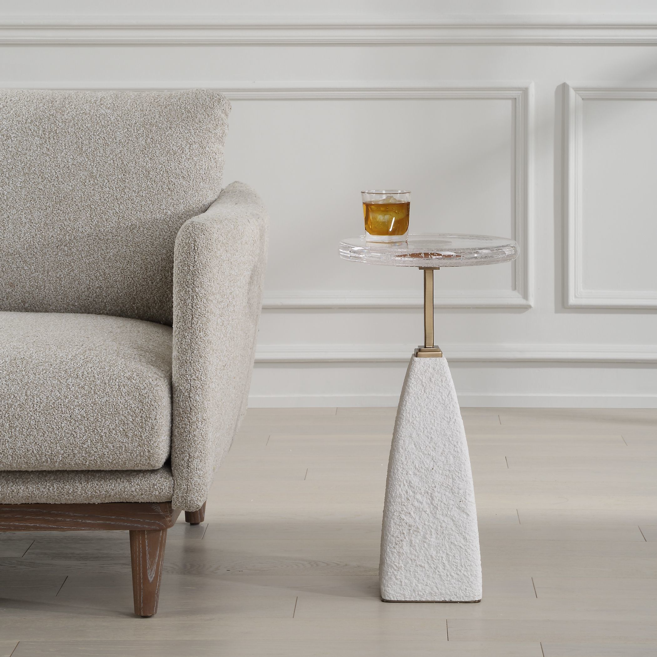 Sora 24 X 12 inch Seeded Glass and Sandstone with Brushed Brass Drink Table