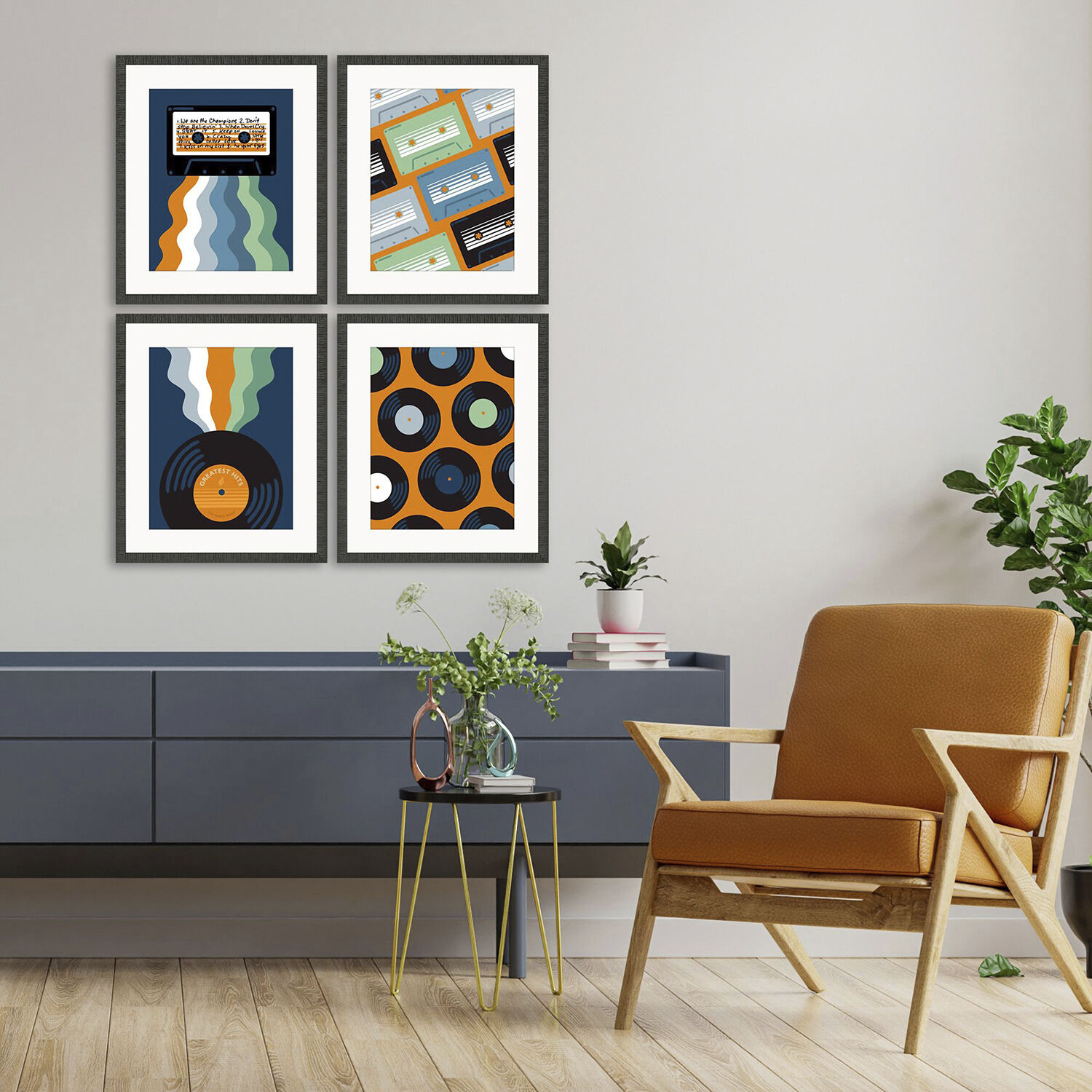 Entertainment Blue and Black and Orange and Multi Framed Art