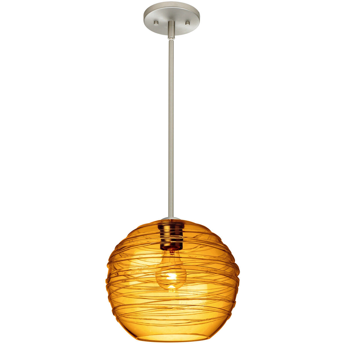 Wave 10 1 Light Satin Nickel Stem Pendant Ceiling Light in Amber Glass