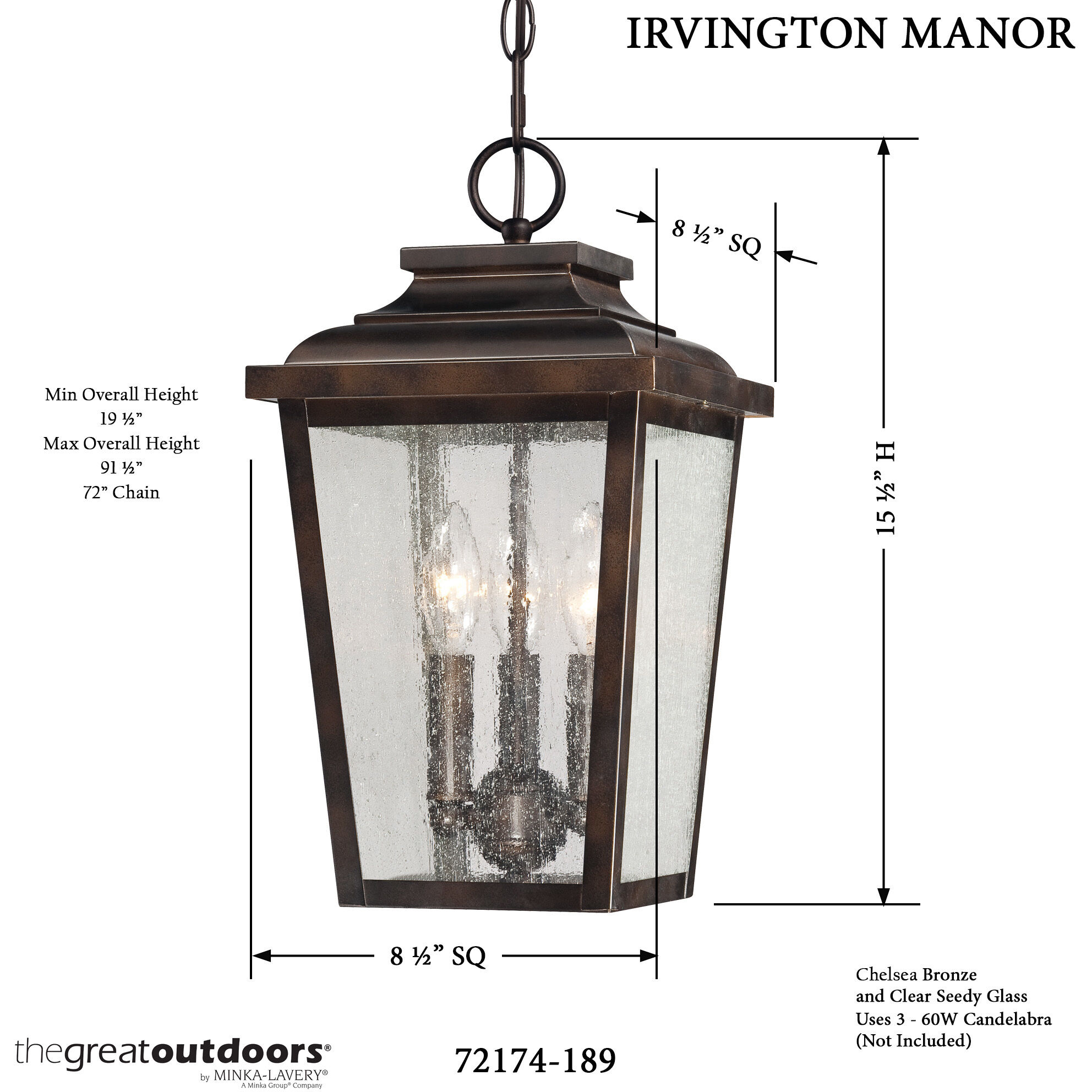 Irvington Manor 3 Light 8.5 inch Chelesa Bronze Outdoor Chain Hung Lantern in Incandescent, Clear Seeded Glass, The Great Outdoors