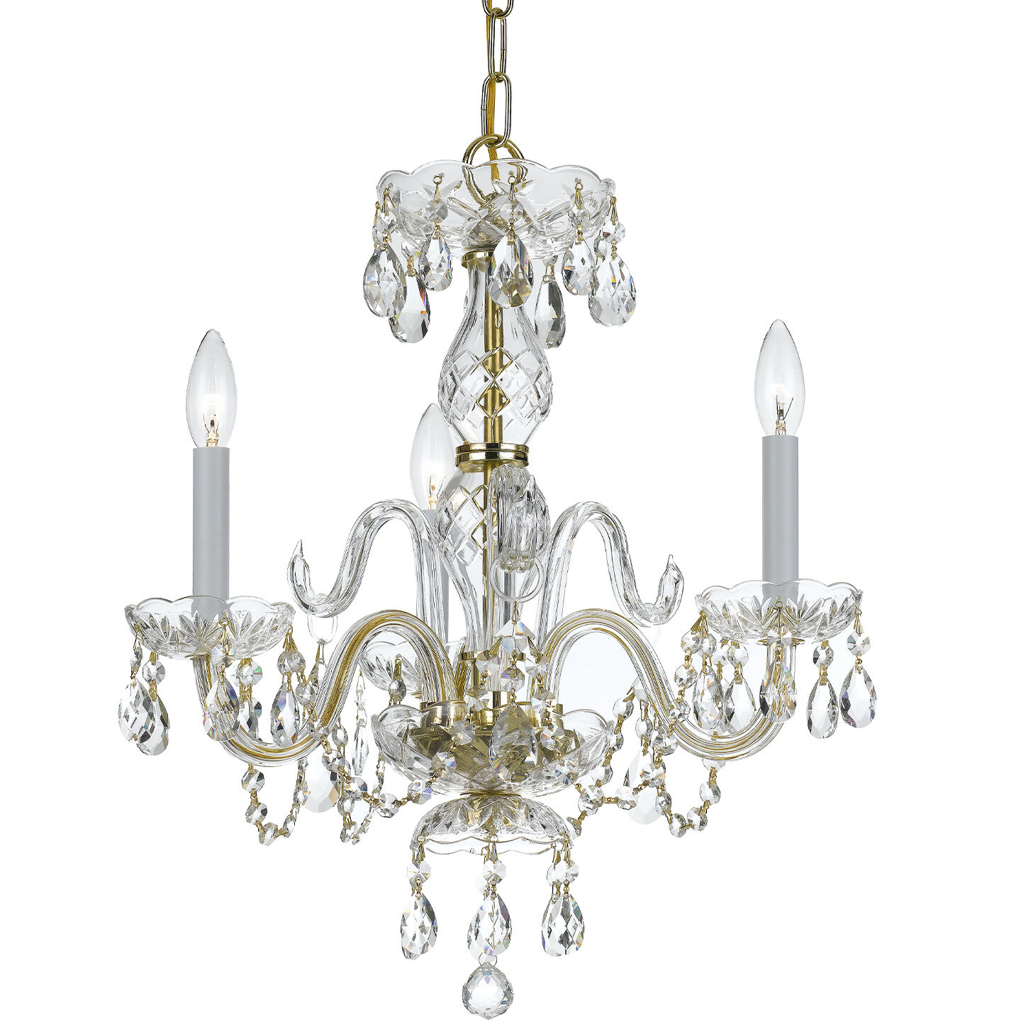 Traditional Crystal 3 Light 16 inch Polished Brass Mini Chandelier Ceiling Light in Clear Hand Cut