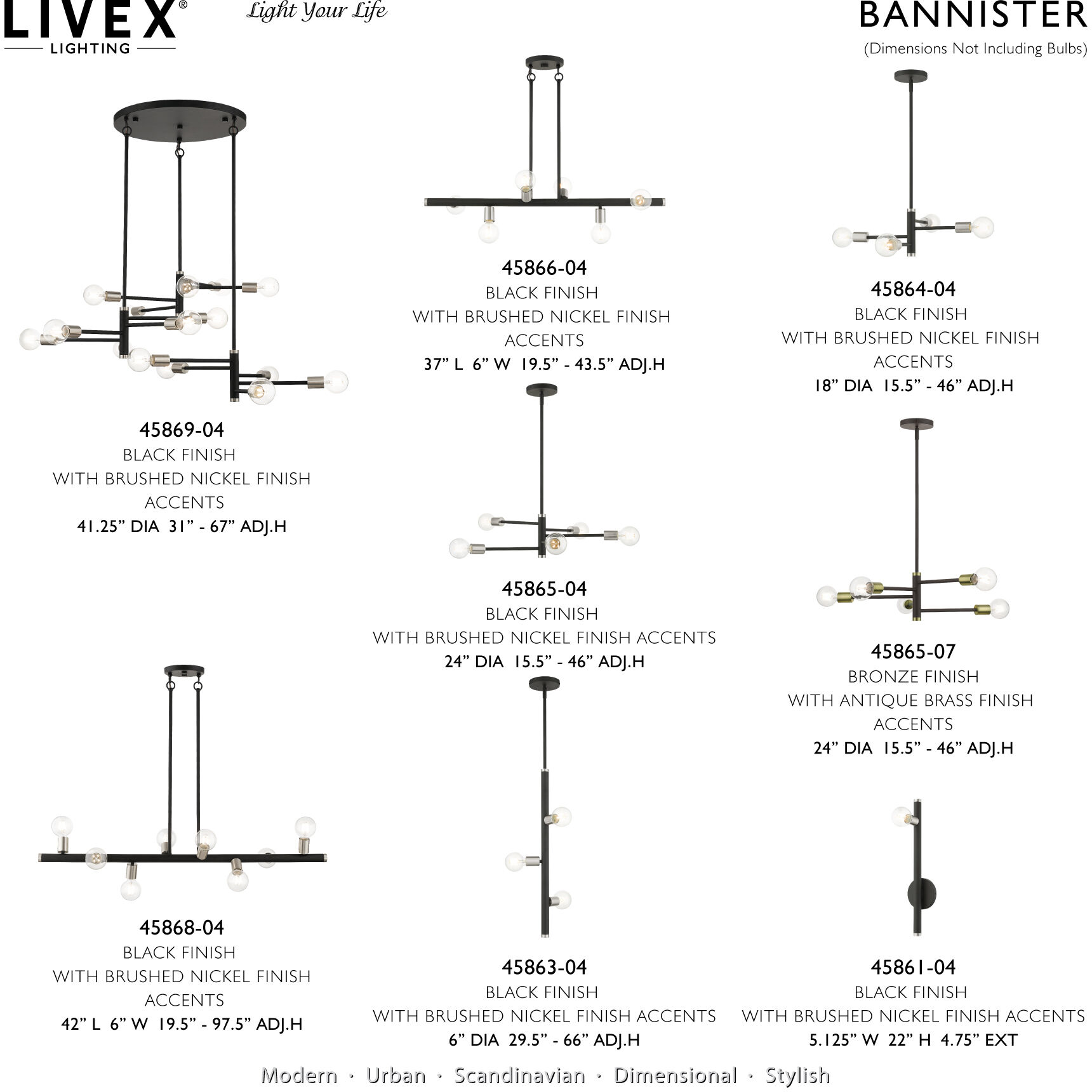 Bannister 8 Light 42 inch Black with Brushed Nickel Accents Linear Chandelier Ceiling Light, Large
