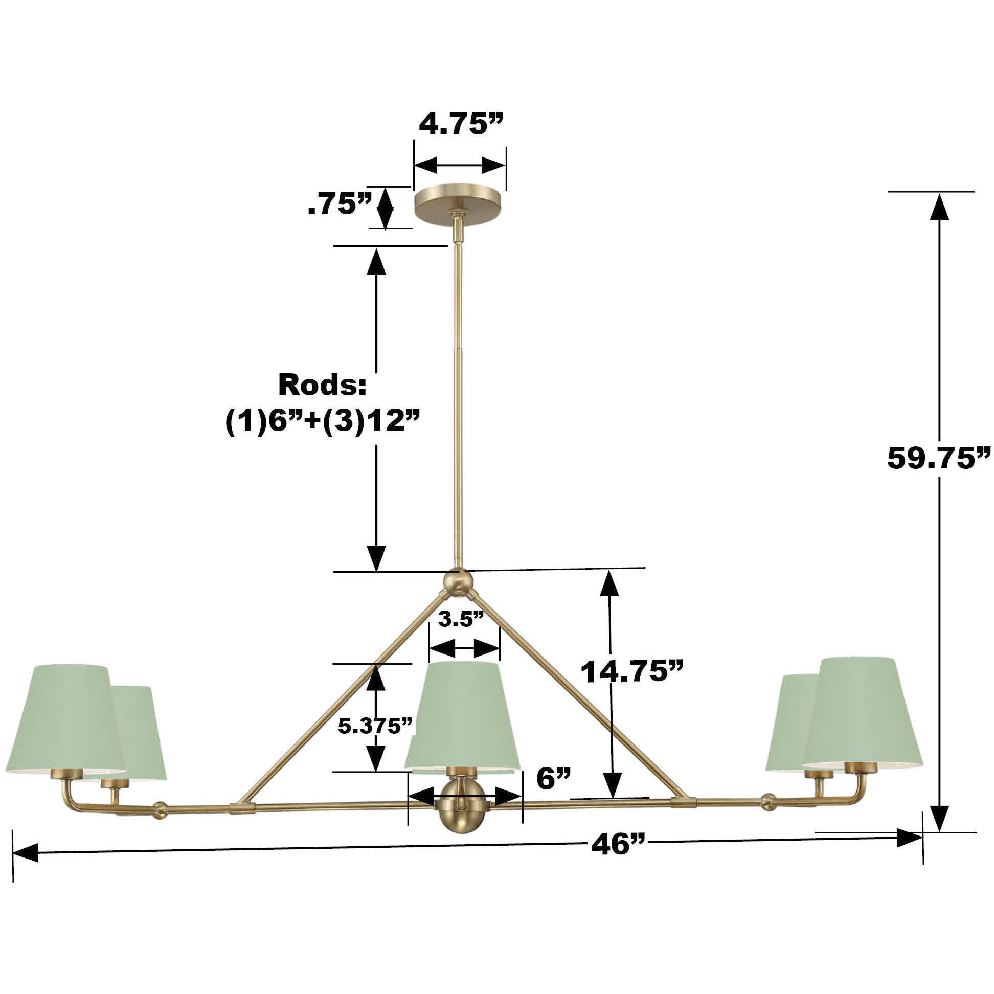 Xavier 6 Light 46 inch Vibrant Gold Linear Chandelier Ceiling Light in Vibrant Gold and Green