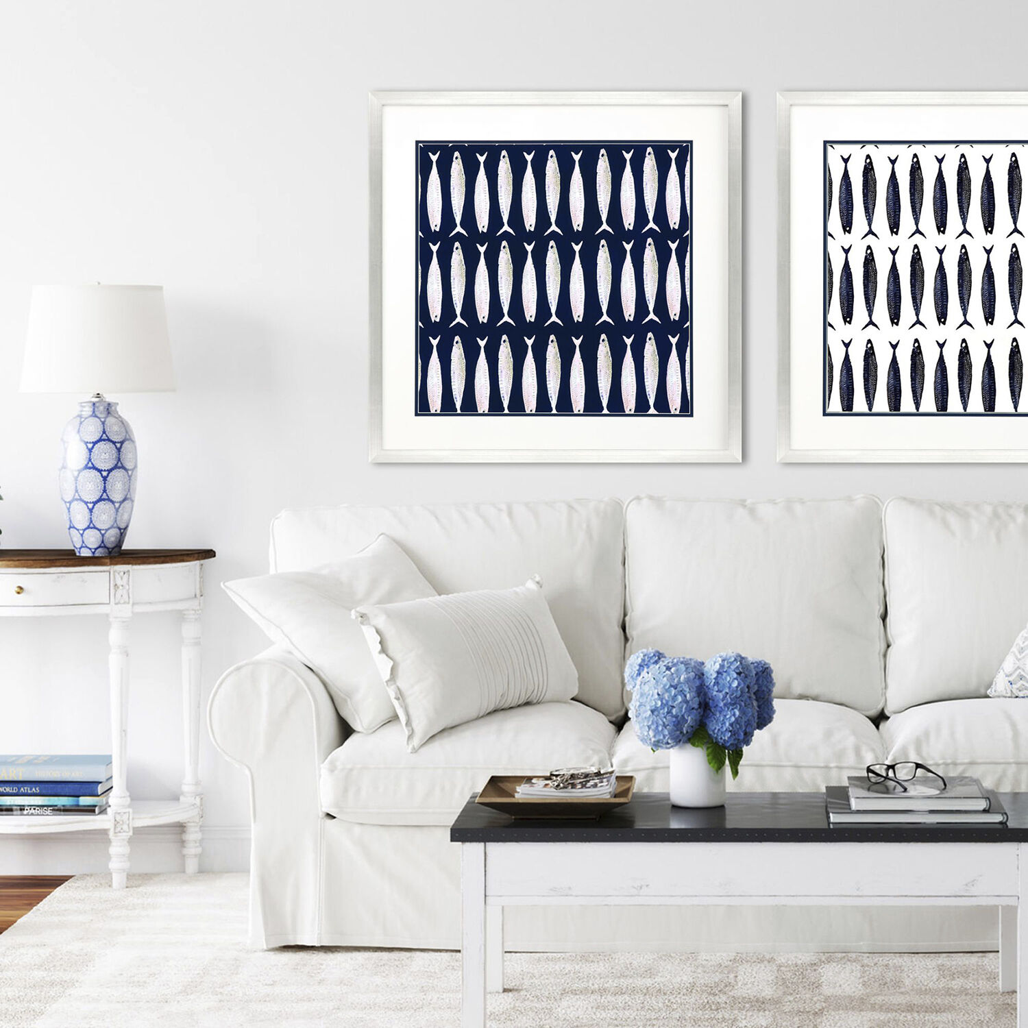 Fish Pattern Blue and Beige and White Framed Art