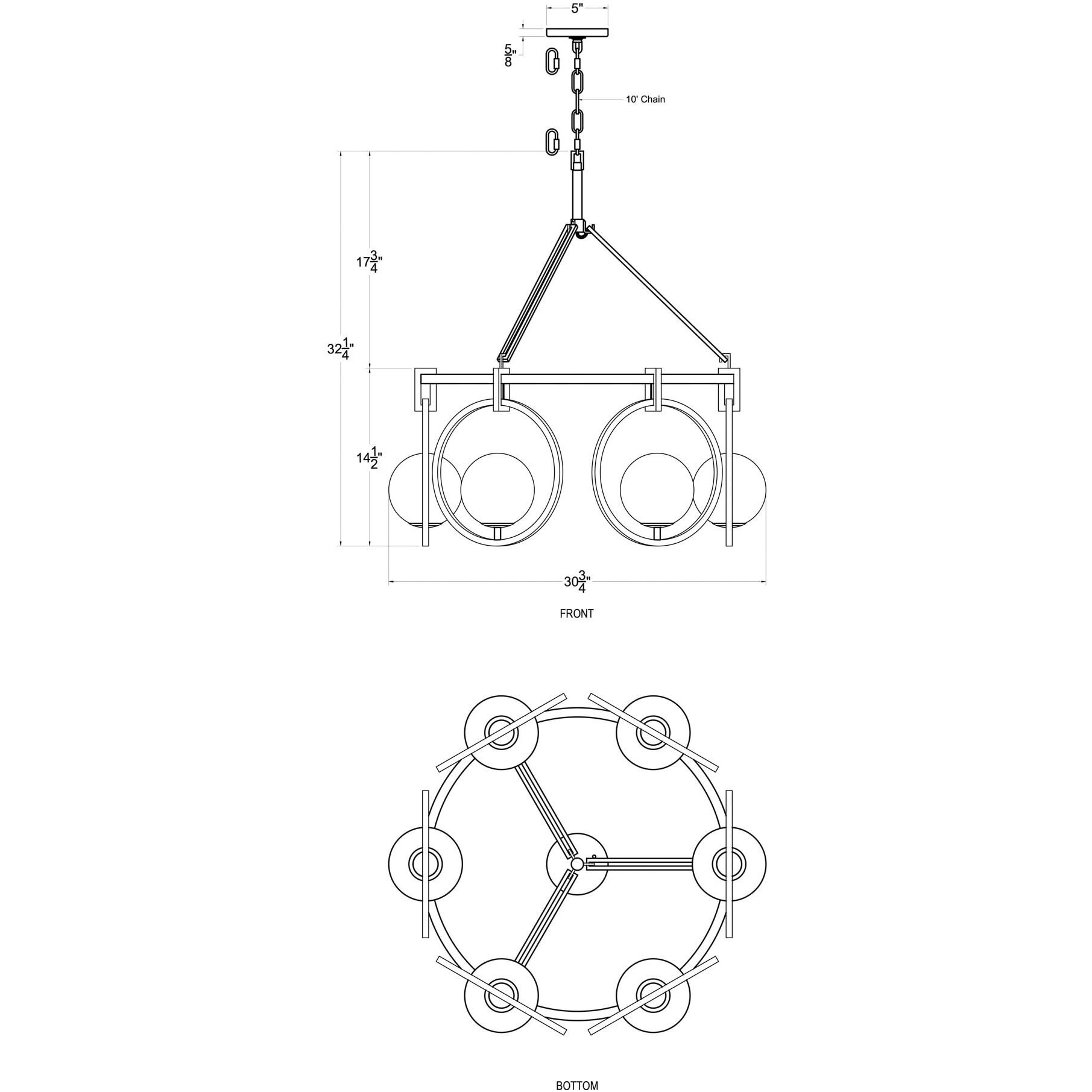 Stopwatch 6 Light 30.75 inch Matte Black and French Gold Pendant Ceiling Light